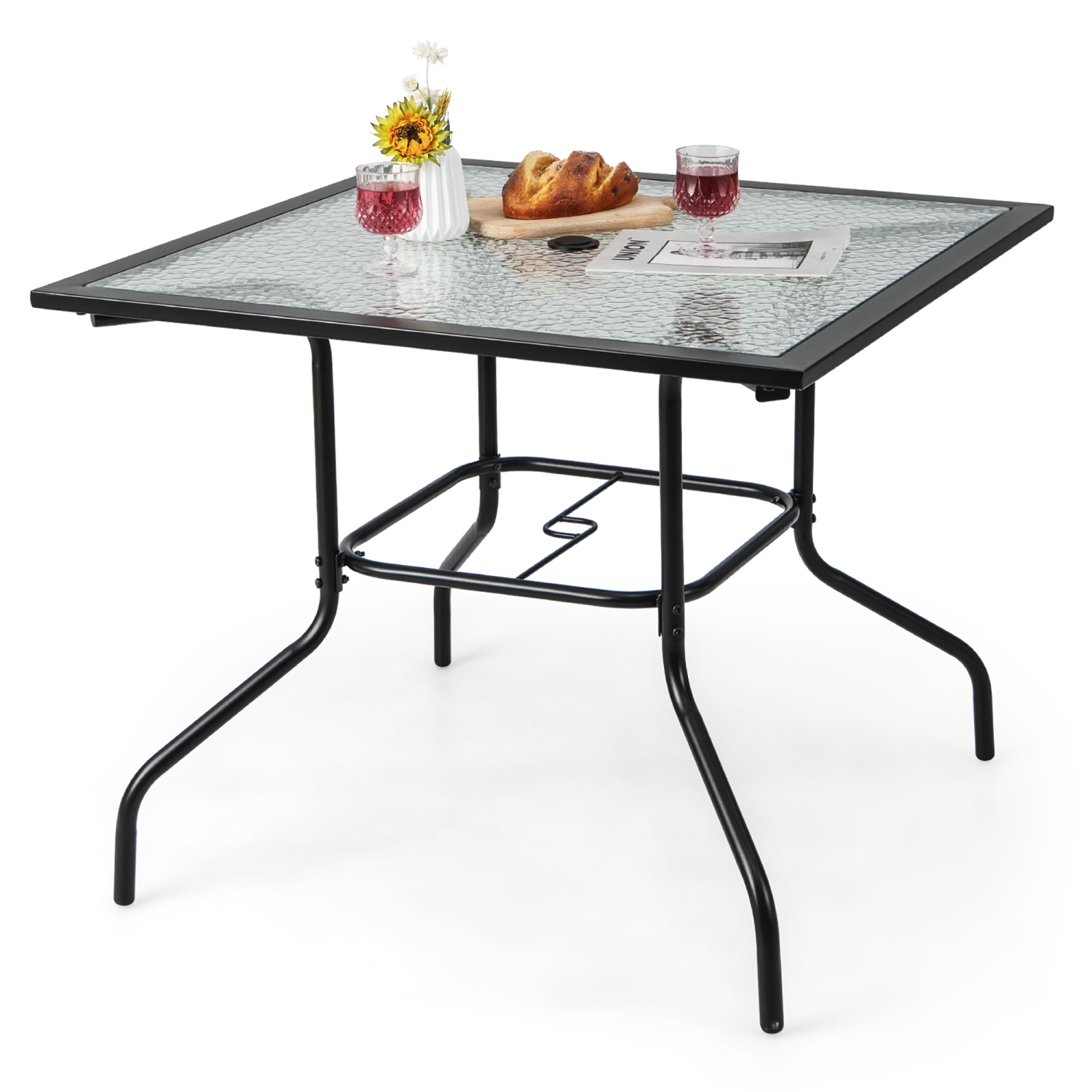 Gymax 35'' Patio Dining Table Square Outdoor Dining Table w/ Tempered Glass Tabletop Black
