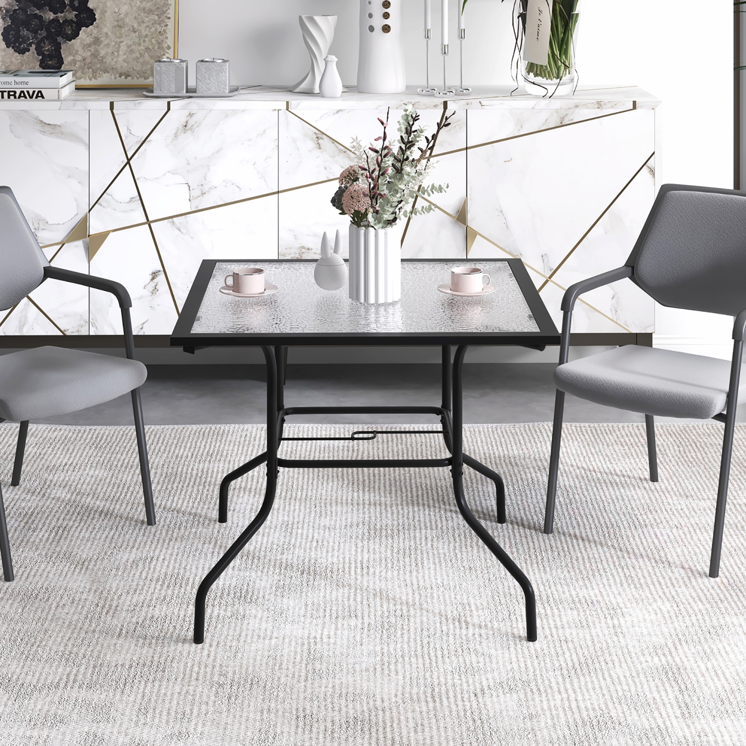 Gymax 35'' Patio Dining Table Square Outdoor Dining Table w/ Tempered Glass Tabletop Black