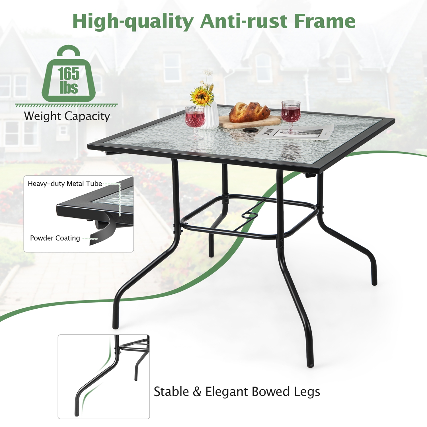 Gymax 35'' Patio Dining Table Square Outdoor Dining Table w/ Tempered Glass Tabletop Black