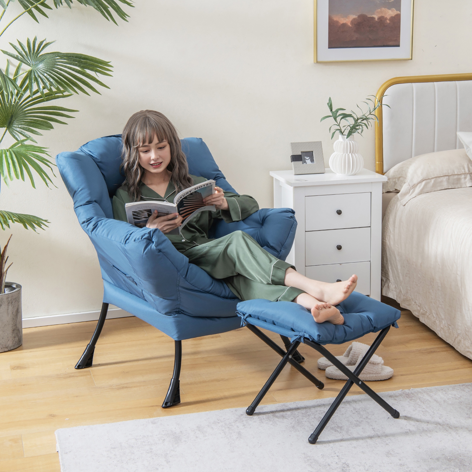 Gymax Lazy Sofa Chair Accent Leisure Armchair with Folding Footrest & Storage Pocket