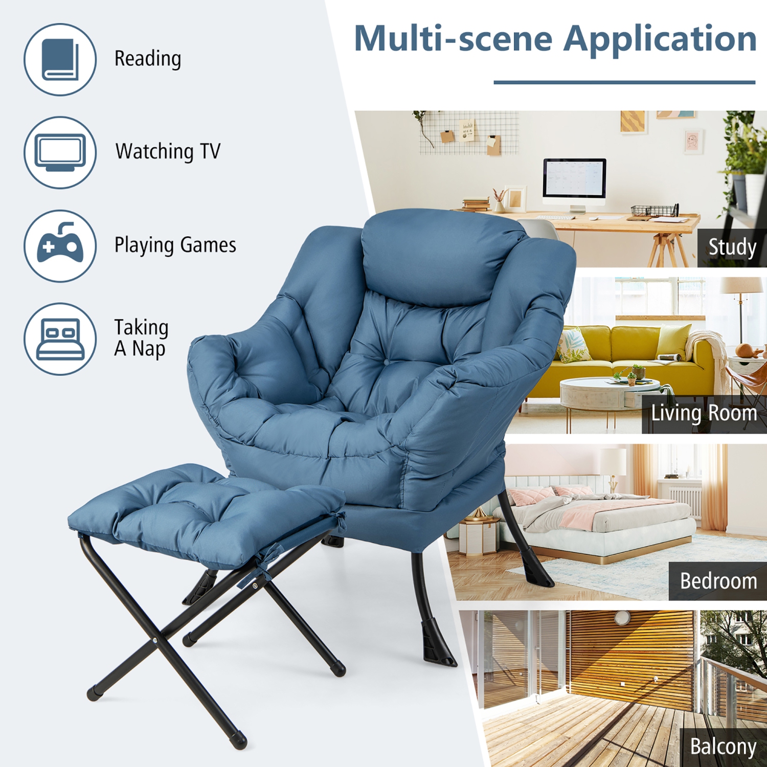 Gymax Lazy Sofa Chair Accent Leisure Armchair with Folding Footrest & Storage Pocket