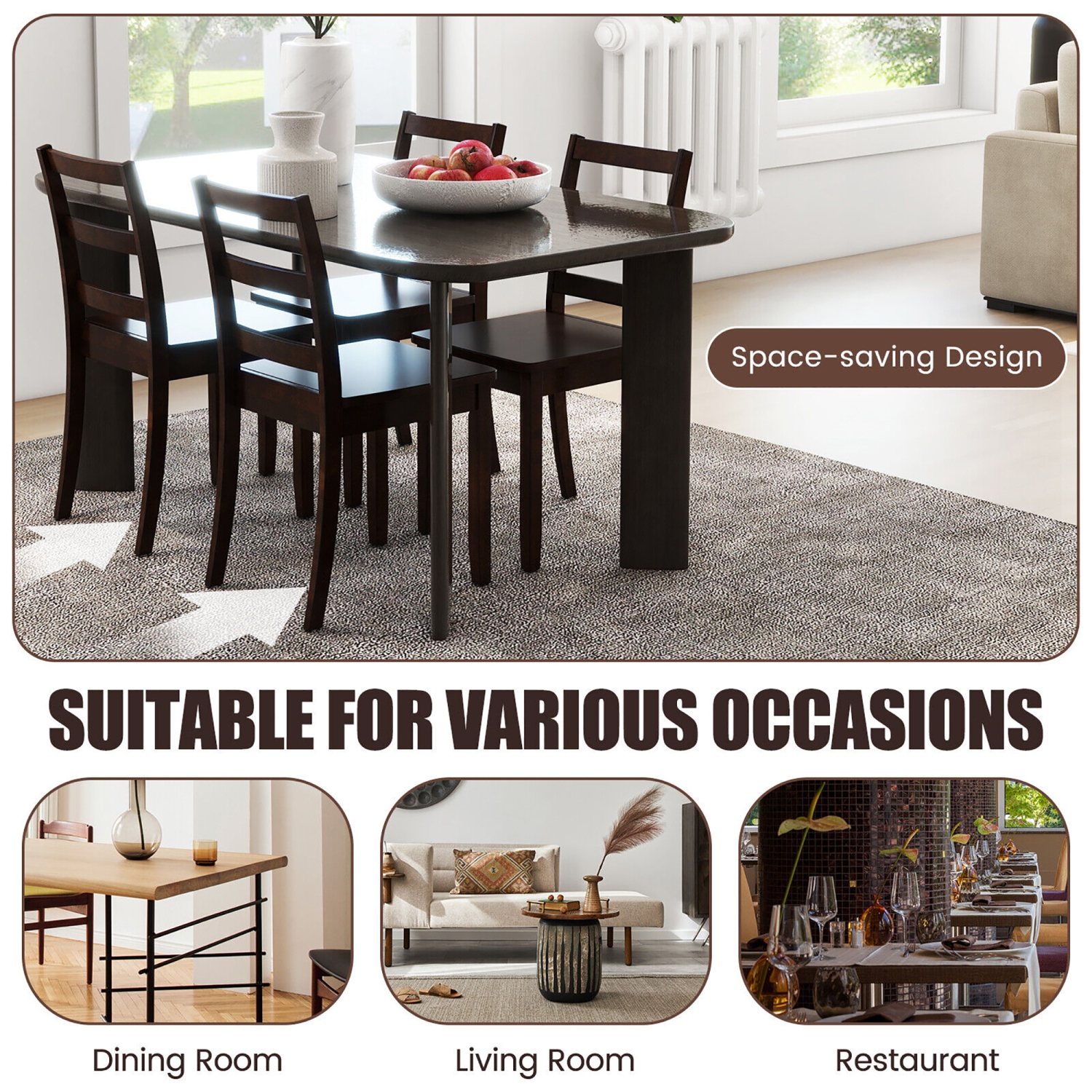 Gymax Set of 2 Dining Chairs Ladder Back Armless Side Chair w/ Solid Rubber Wood Legs