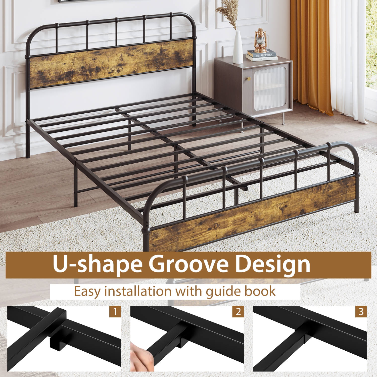Gymax Queen Size Bed Frame Industrial Platform Bed Frame w/ Under Bed Storage