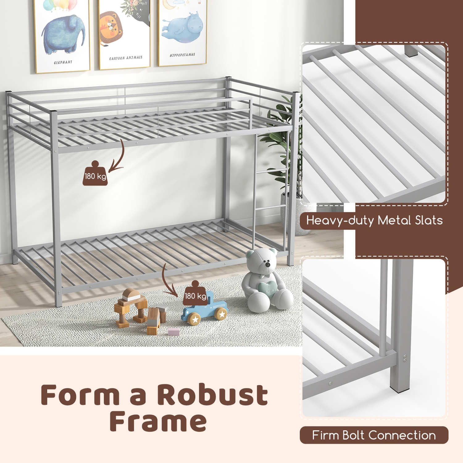 Gymax Twin Over Twin Low Metal Bunk Bed with Ladder Guardrails for Teens Adults