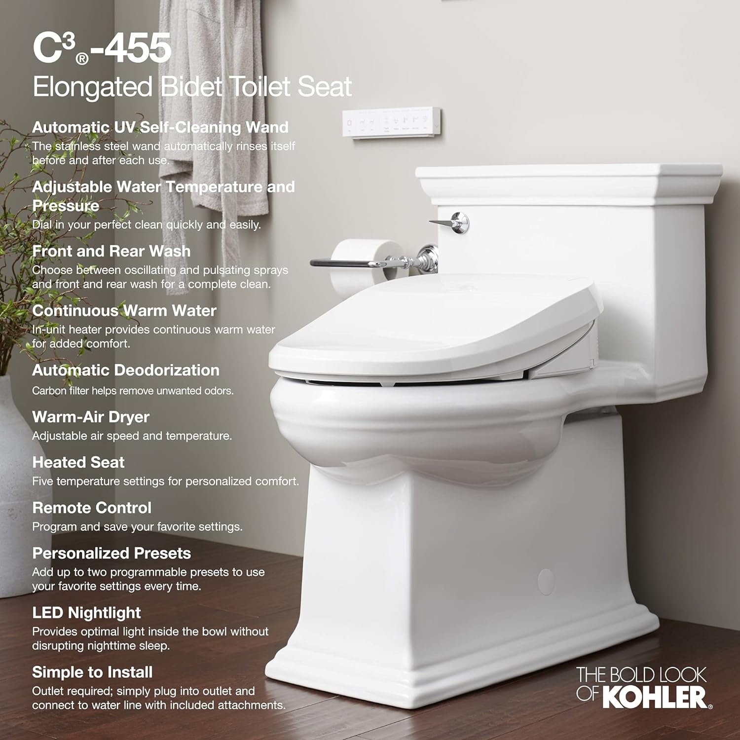 Kohler K-8298-CR-0 C3 455 siège de toilette chauffant à grand coussin, blanc avec télécommande, couvercle à fermeture silencieuse, désodorisant