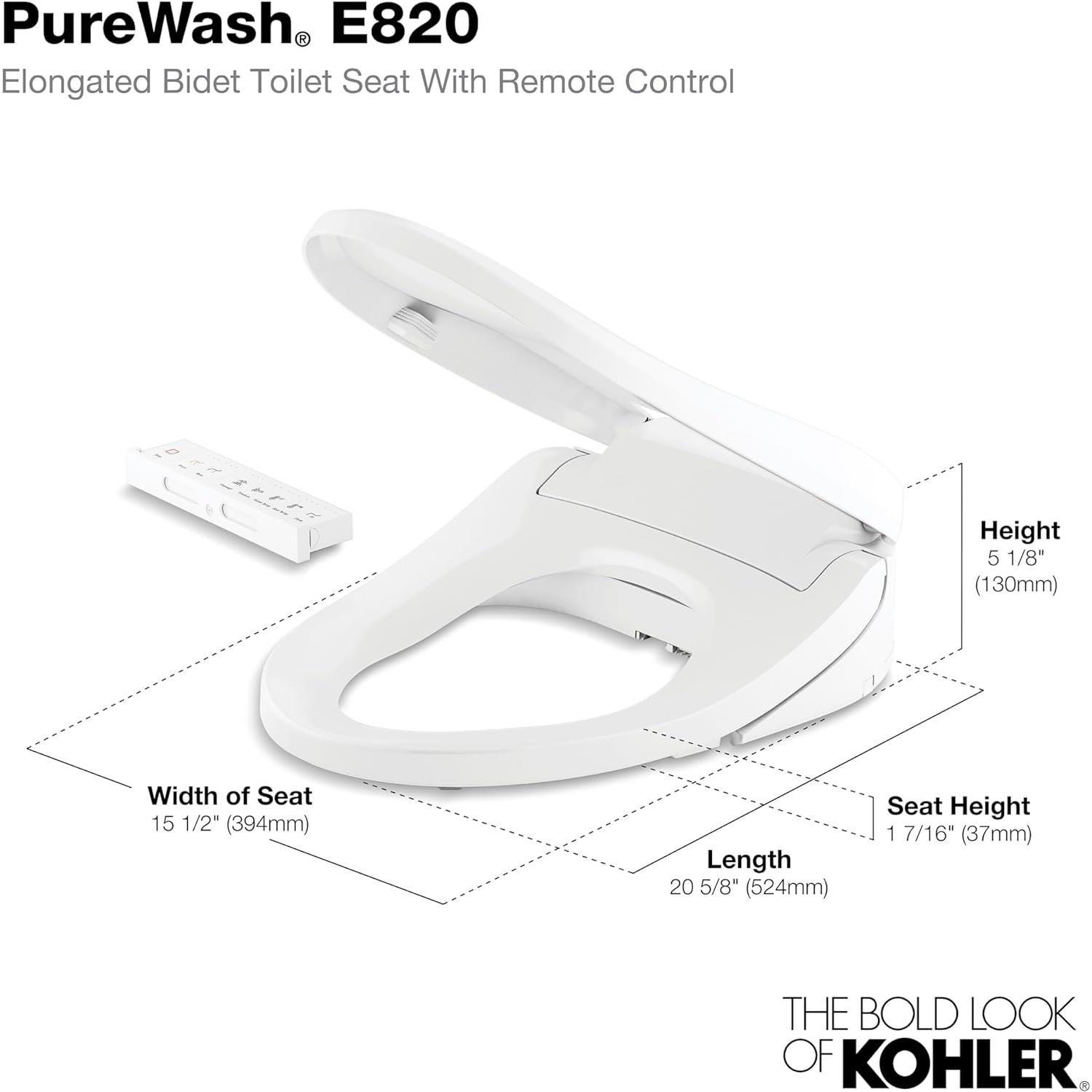 Kohler K-8298-CR-0 C3 455 siège de toilette chauffant à grand coussin, blanc avec télécommande, couvercle à fermeture silencieuse, désodorisant
