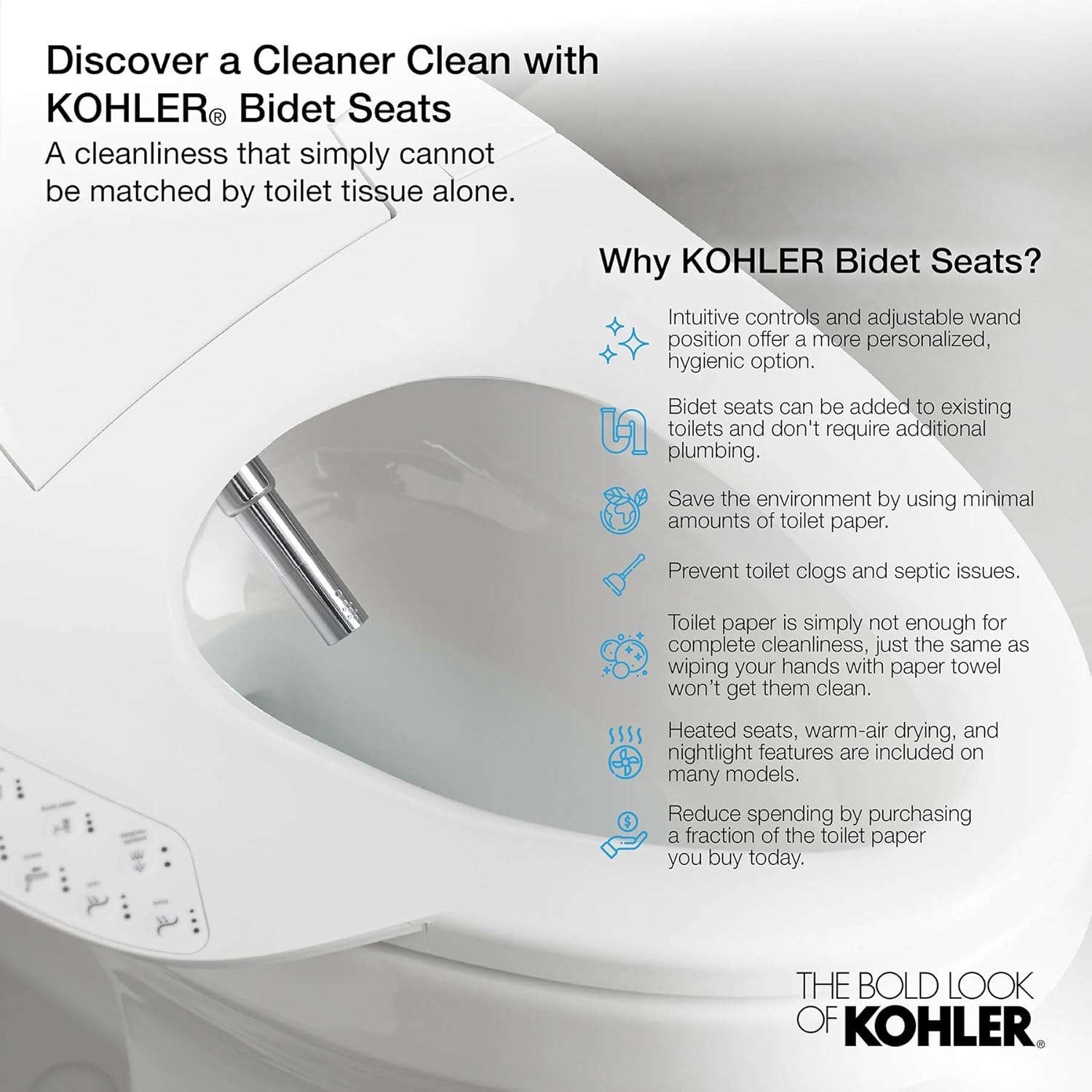 Kohler K-8298-CR-0 C3 455 siège de toilette chauffant à grand coussin, blanc avec télécommande, couvercle à fermeture silencieuse, désodorisant