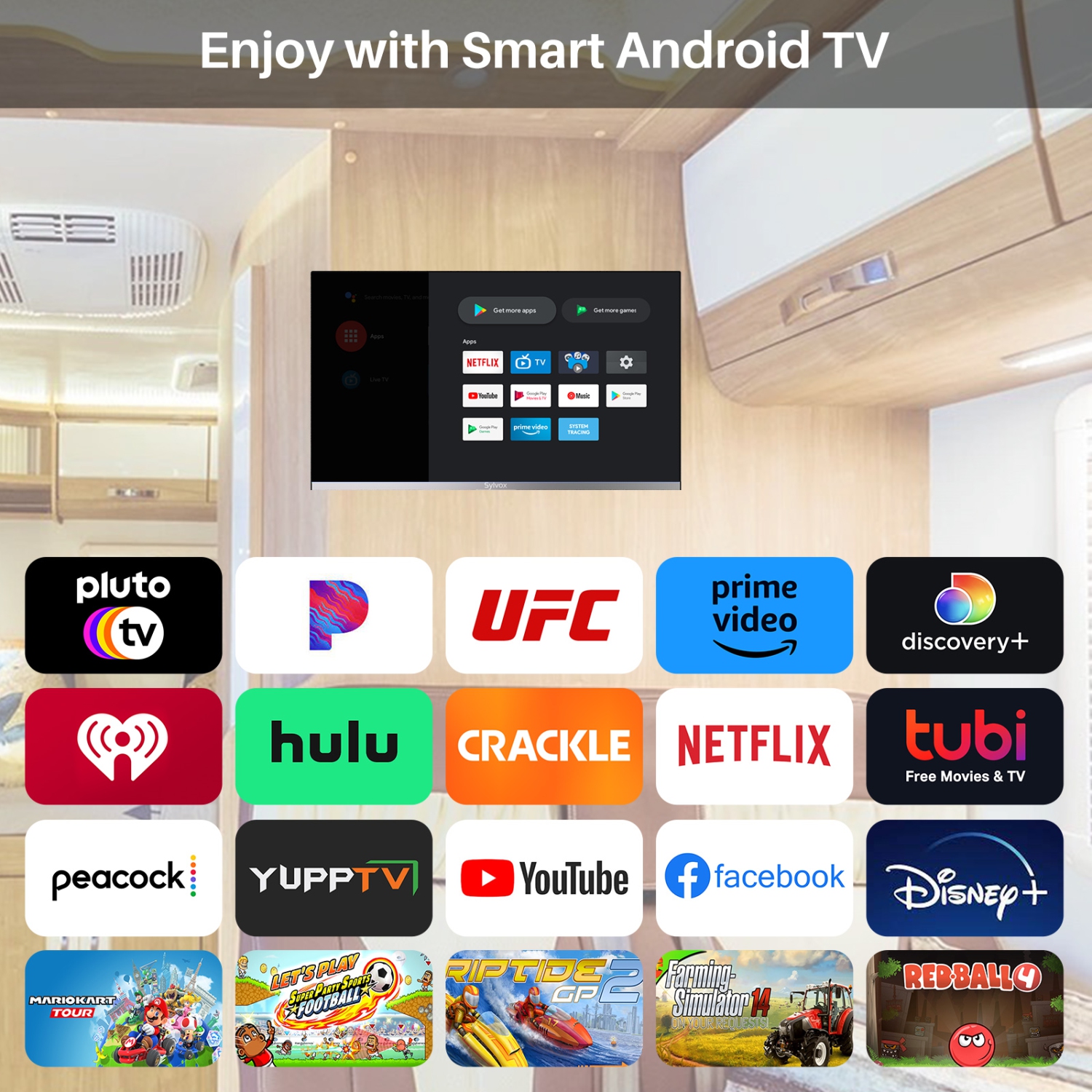 SYLVOX Smart RV TV, 22 inch 12 volt TV with Built-in DVD Player, Small Television for RV Camper, 1080P FHD Android TV, APP Store, Voice Assistant,