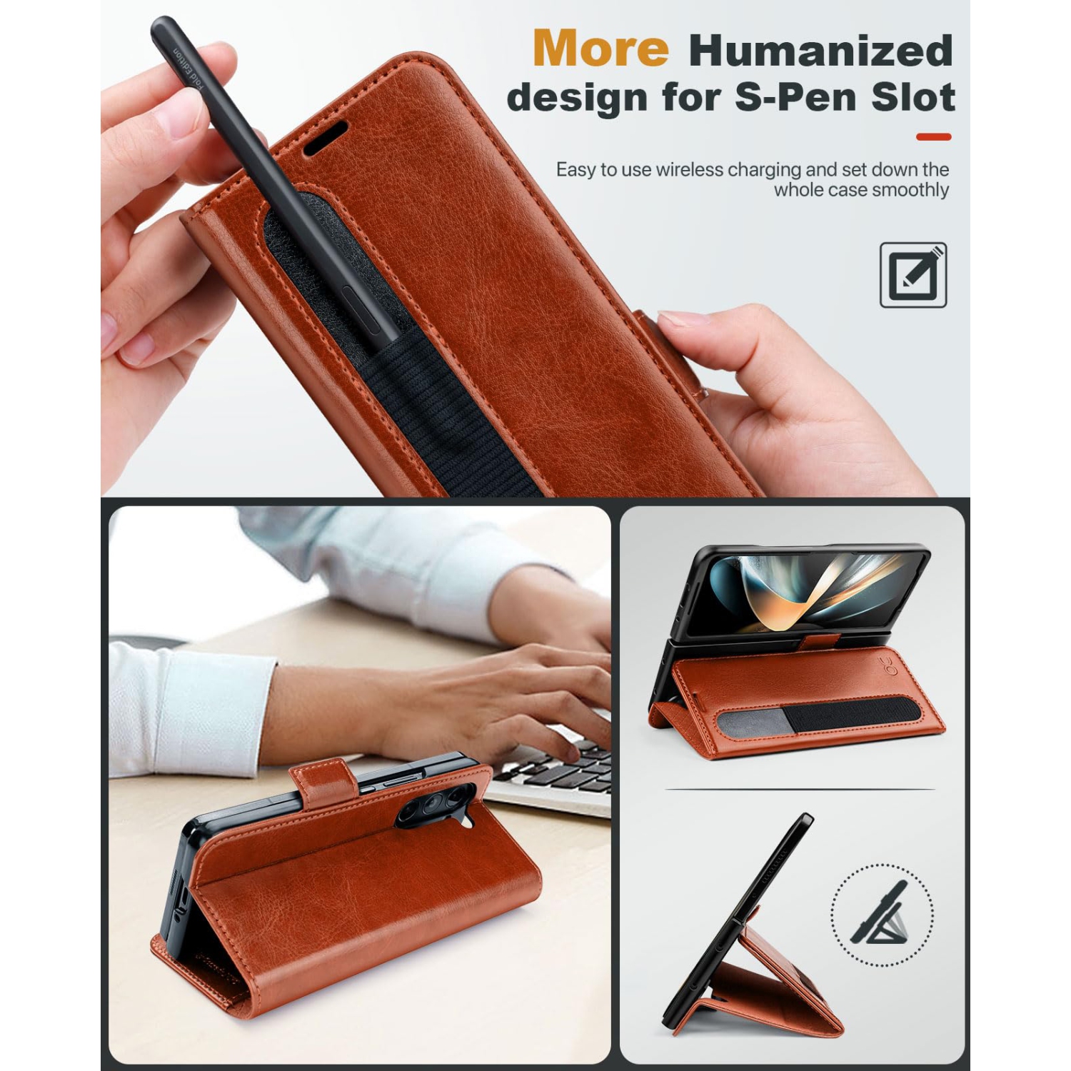 Étui portefeuille Galaxy Z Fold 5 5G Samsung avec porte-stylet S Pen, étui folio rabattable en cuir pu avec fentes pour cartes avec béquille