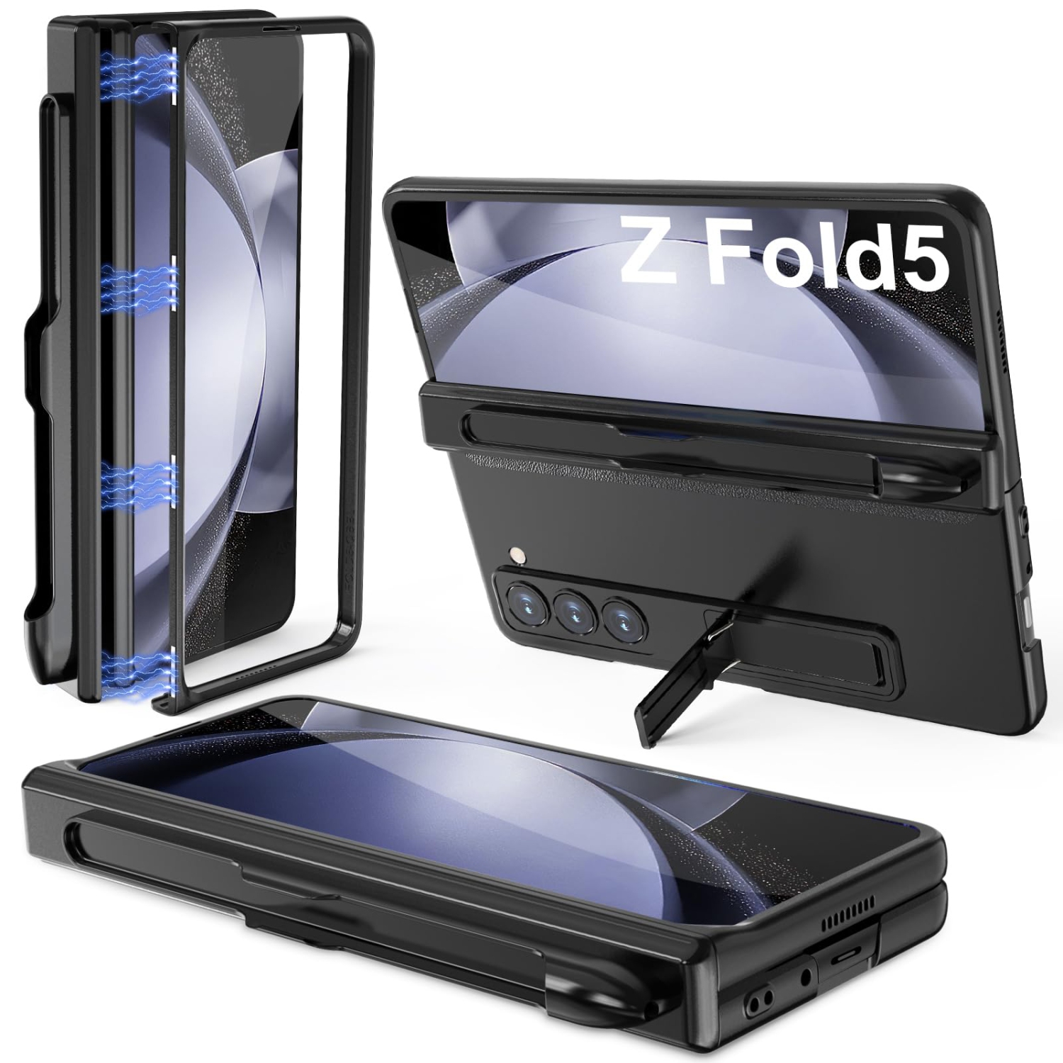 Samsung Galaxy Z Fold 5 Case with Magnetic Hinge Protection S Pen Holder Built-in Screen Protector Adjustable Stand, Camera Protection & Luxury Shockproof Thin Hard PC Cover