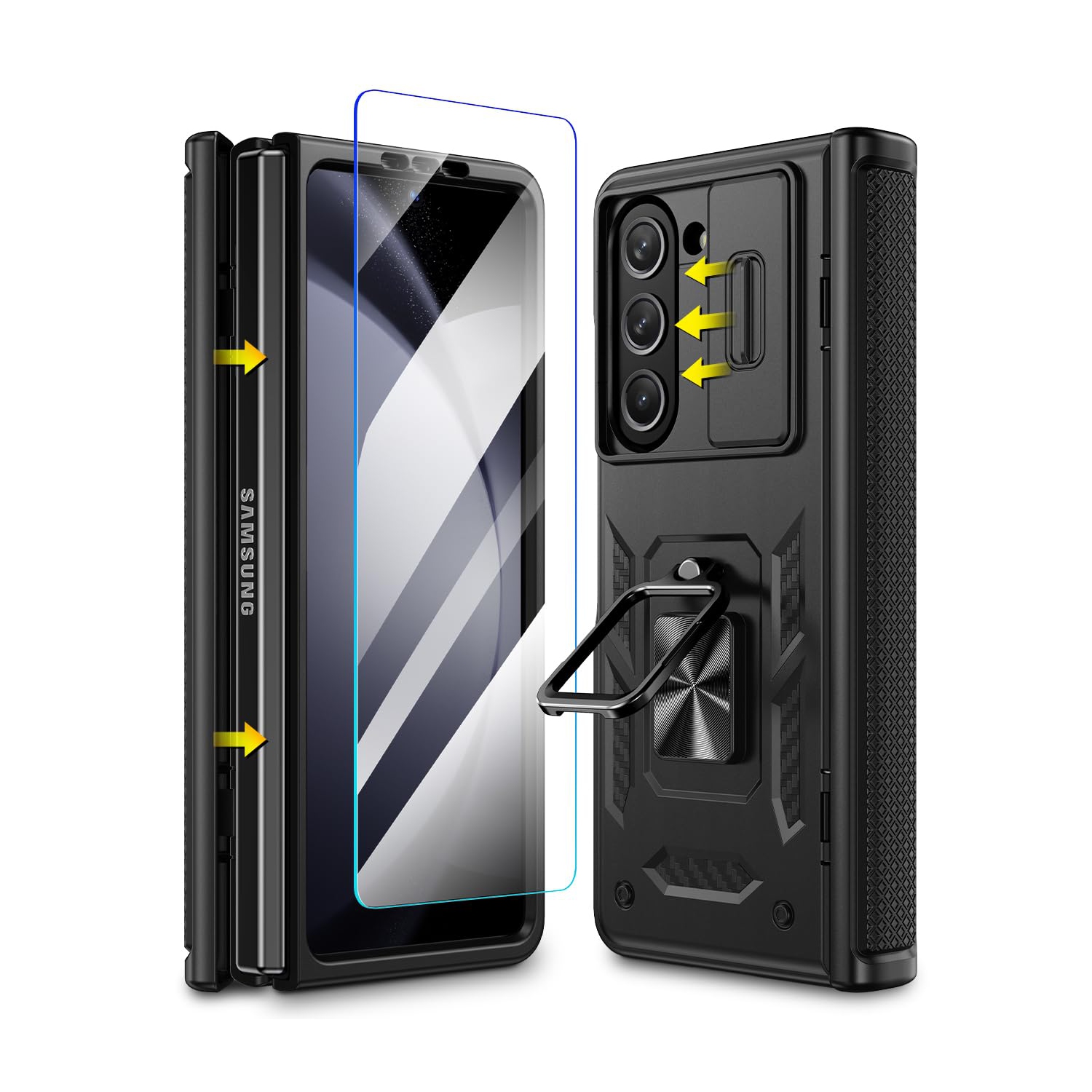 Case for Samsung Galaxy Z Fold 5 with Screen Protector, Kickstand Ring Holder, Slide Camera Cover and Hinge Protection - Shockproof for Z Fold 5 5G Phone 2023 - Black