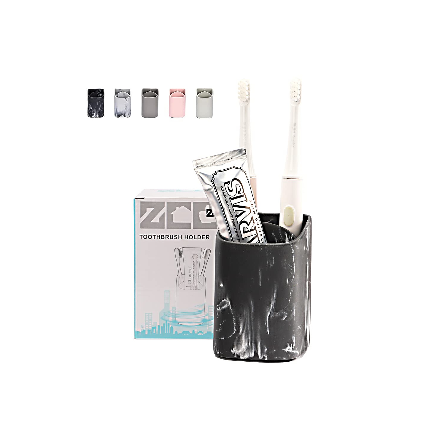 Chic Black Marble Bathroom Must Haves Toothbrush Holder Set - Versatile Black Bathroom Accessories Set - Razors, Makeup, and Tooth Brush Holder