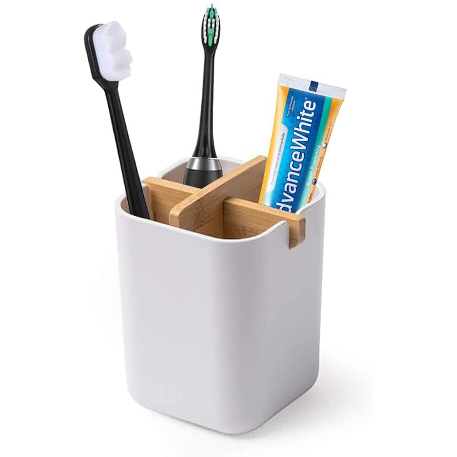 Bamboo Toothbrush Holder for Bathroom with 4 Compartments, Electric Toothbrush Holder, Countertop Stand Organizer for Kitchen Utensils Office