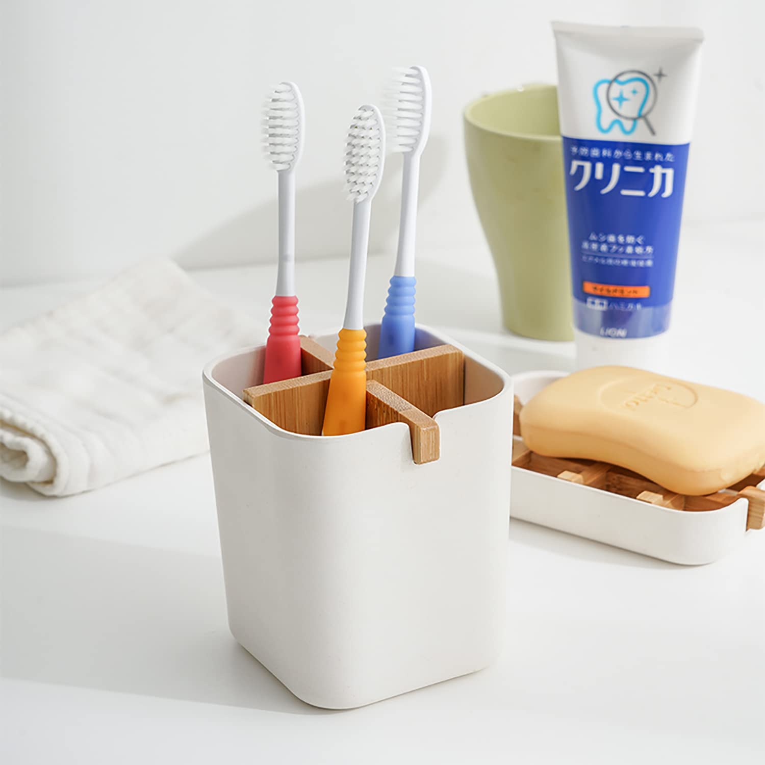 Bamboo Toothbrush Holder for Bathroom with 4 Compartments, Electric Toothbrush Holder, Countertop Stand Organizer for Kitchen Utensils Office