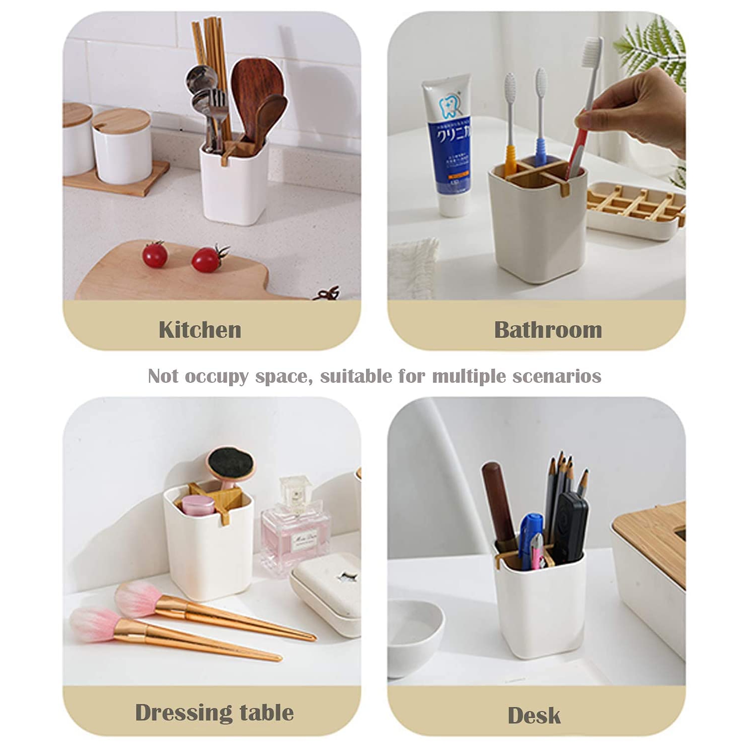 Bamboo Toothbrush Holder for Bathroom with 4 Compartments, Electric Toothbrush Holder, Countertop Stand Organizer for Kitchen Utensils Office