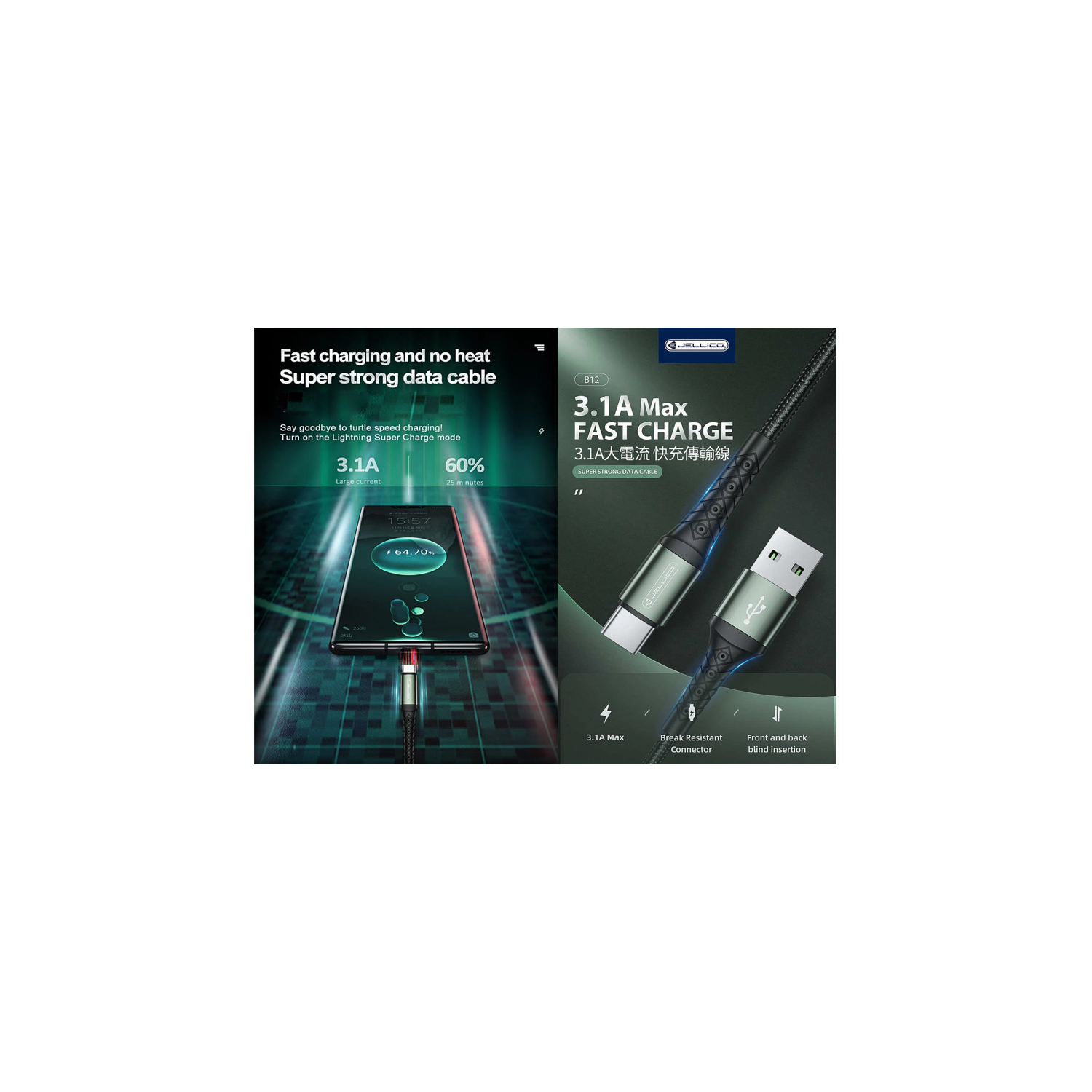 Jellico USB to Type-C 3.1A Fast Charge Cable, 2M_Black