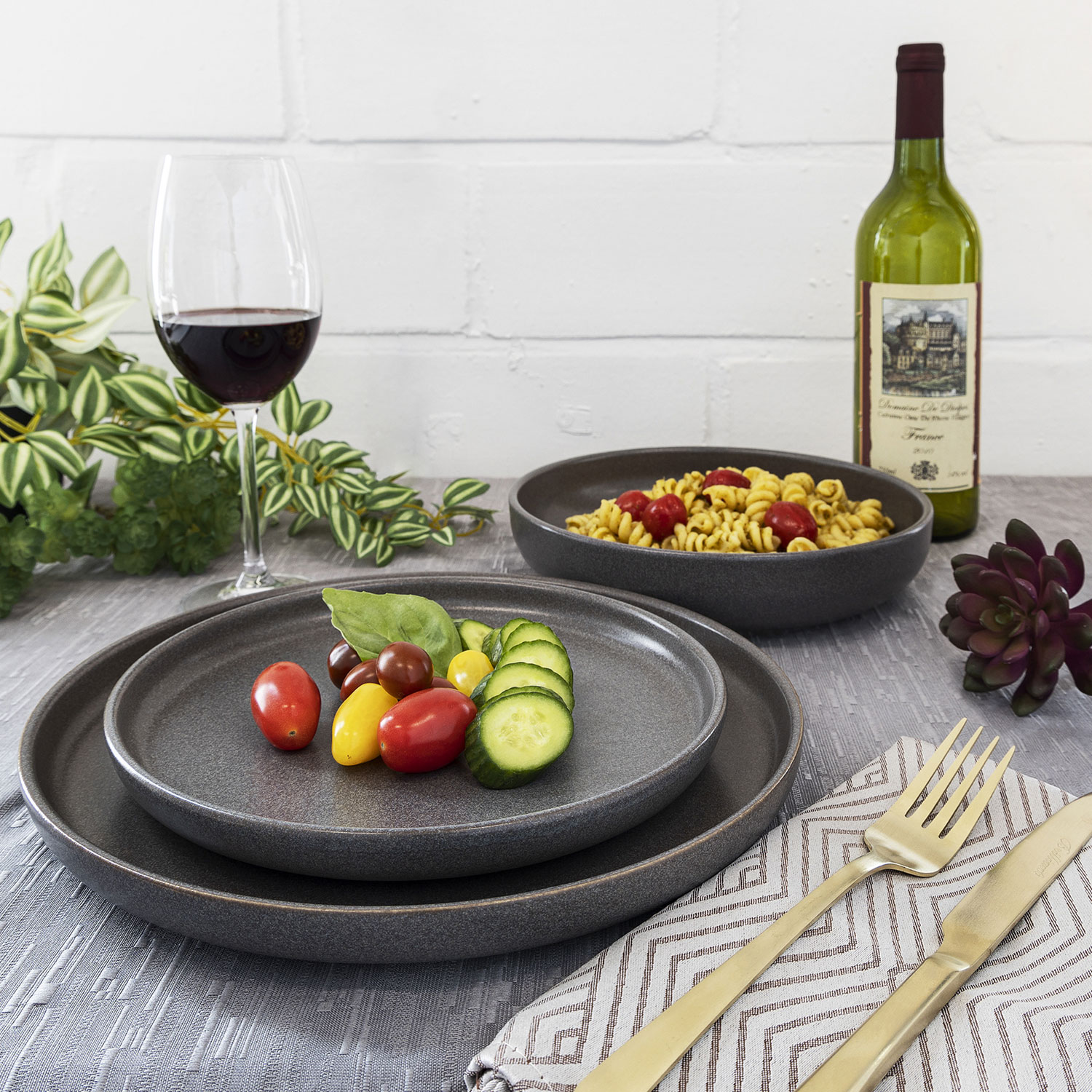 Mesa Ceramics Uno 12-Piece Stoneware Dinnerware Set - Granite