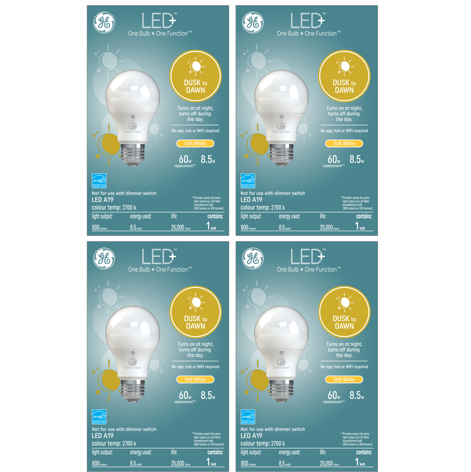 GE Lighting LED+ Dusk to Dawn Soft White 60W Replacement LED General Purpose A19 Light Bulb (Includes FOUR single packs)
