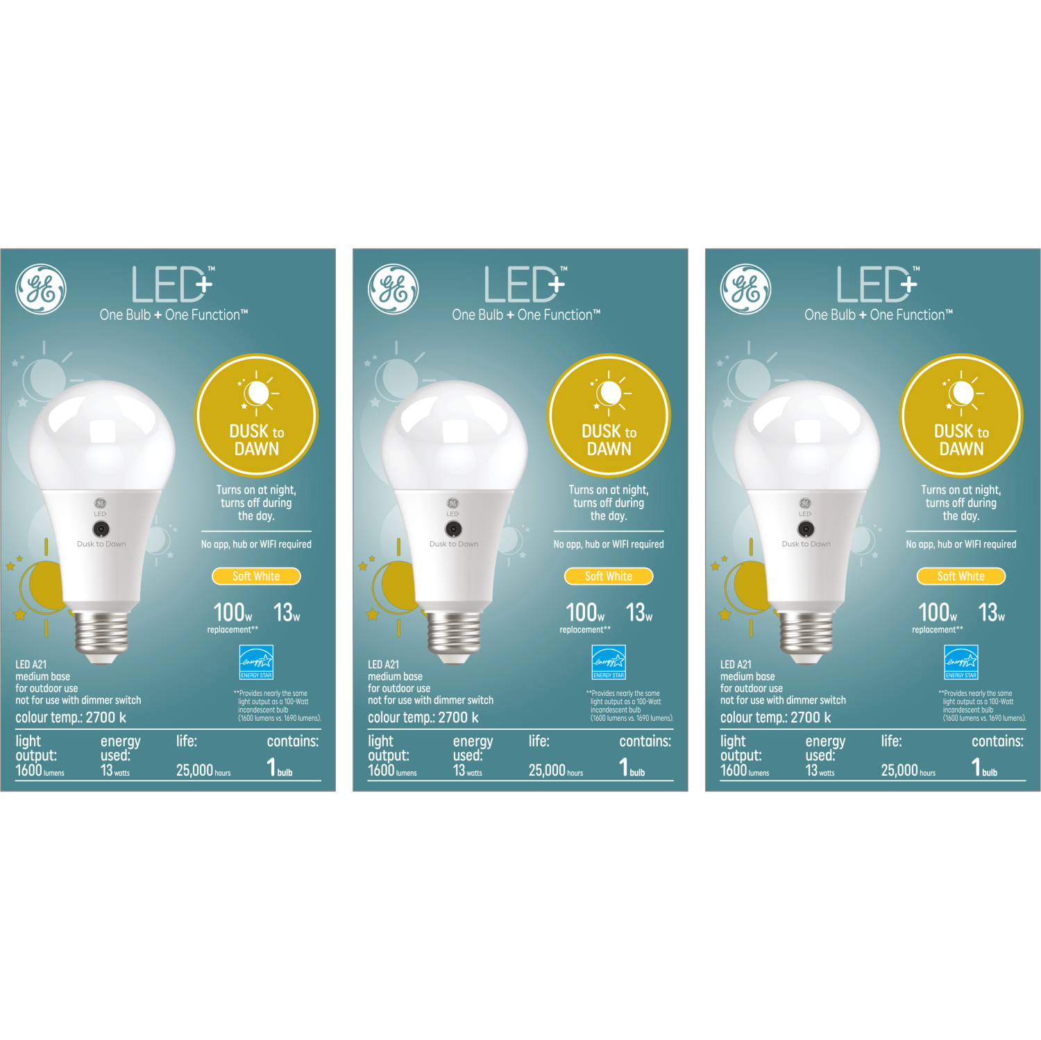 GE Lighting LED+ Dusk to Dawn Soft White 100W Replacement LED General Purpose A21 Light Bulb (Includes THREE single packs)