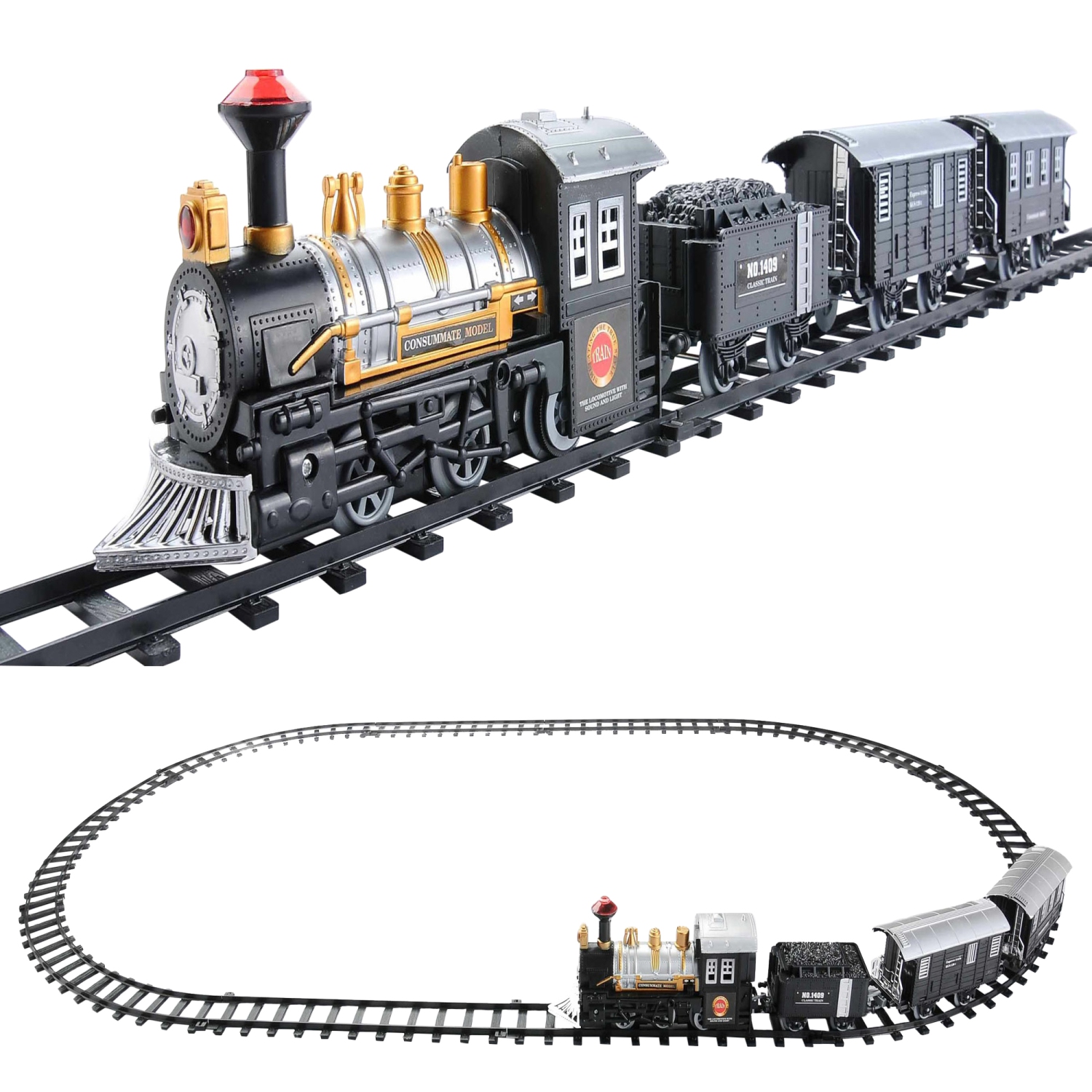 14pc Black Battery Operated Lighted and Animated Classic Train Set