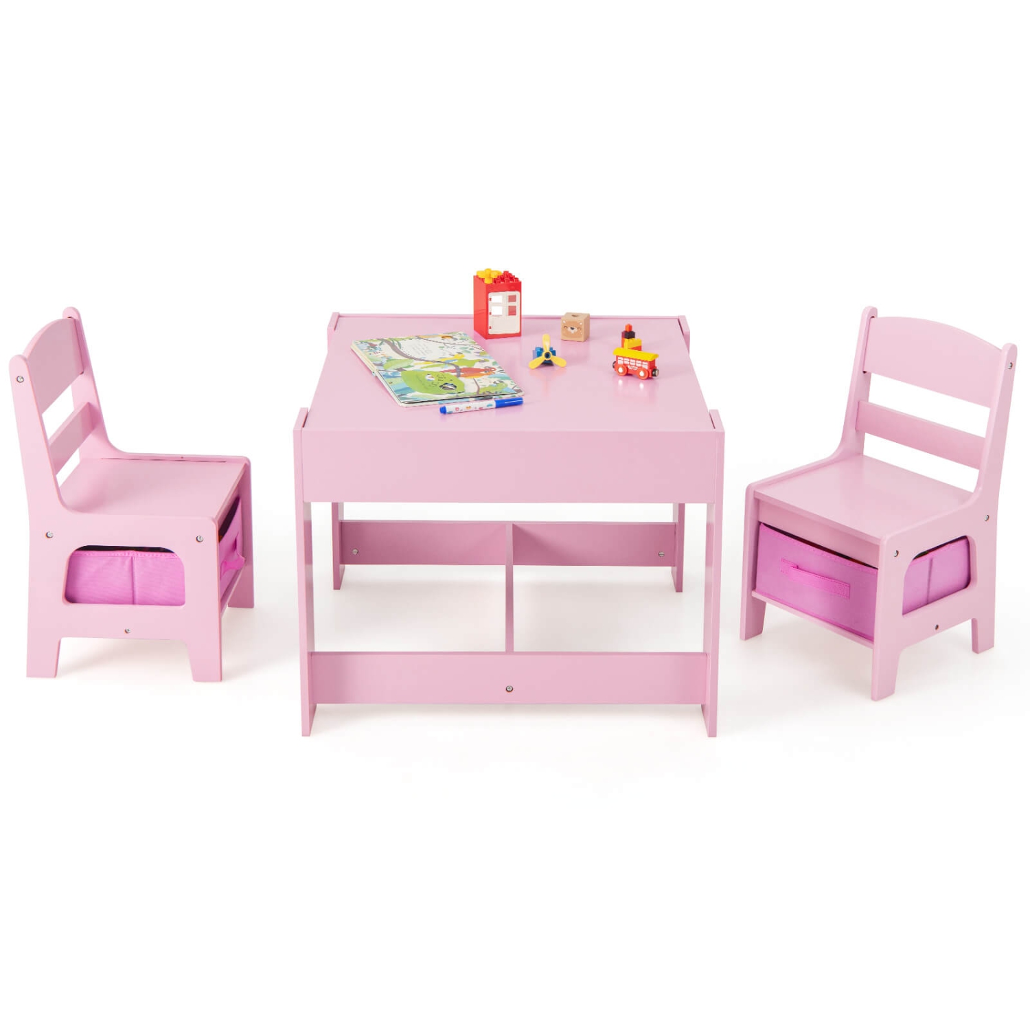 Ensemble 3-en-1 avec chaises de table d'activités en bois et boîte de rangement rose de Costway