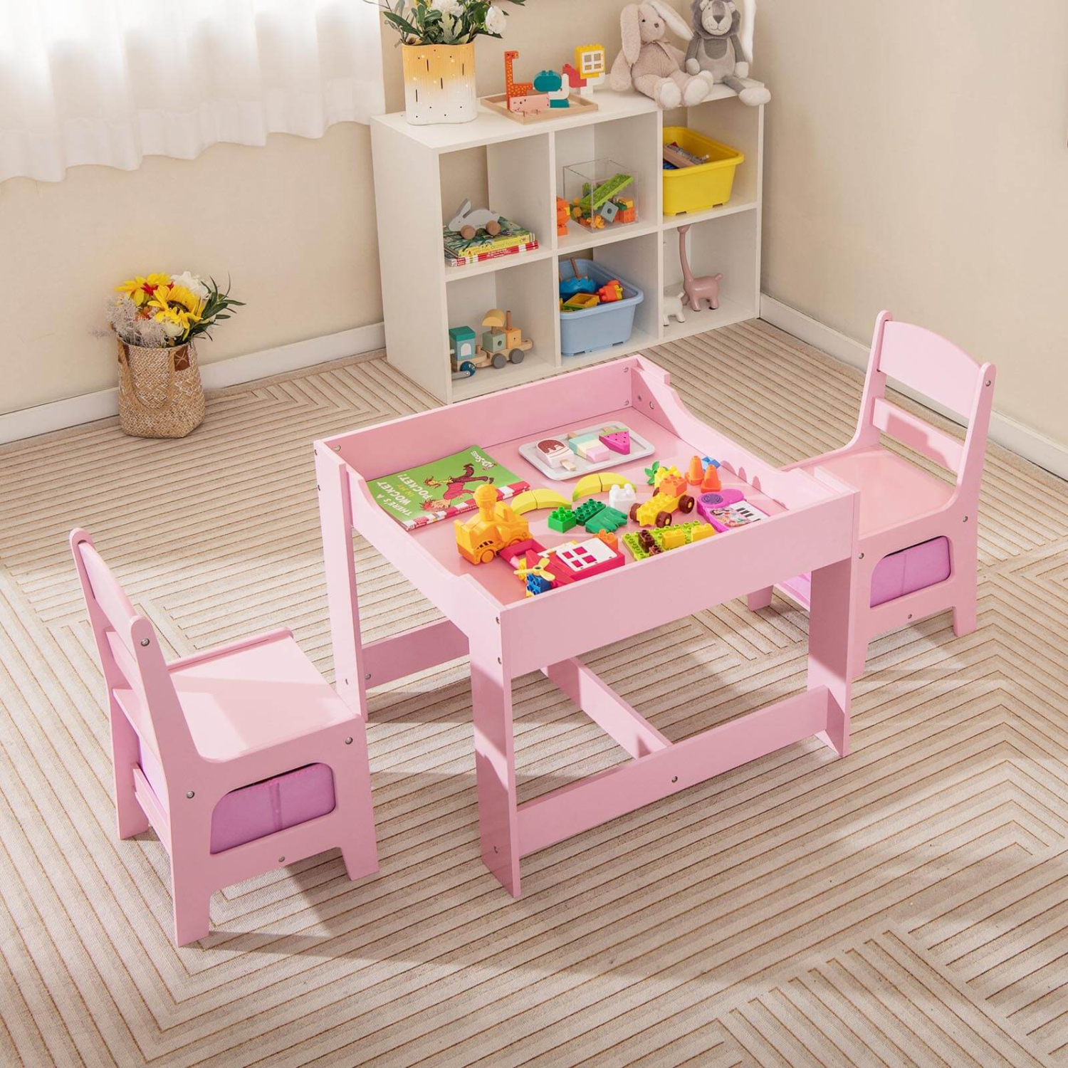 Ensemble 3-en-1 avec chaises de table d'activités en bois et boîte de rangement rose de Costway