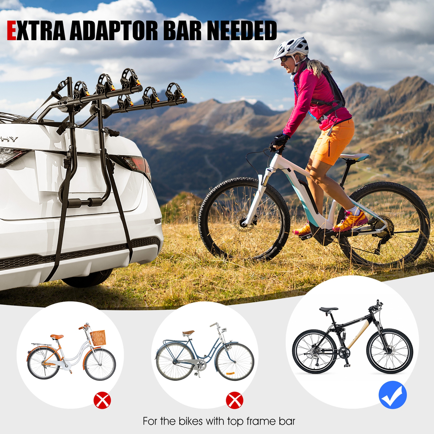 Costway 3-Bike Trunk Mounted Bike Rack Bike Carrier Rack for Sedan Hatchback Minivan