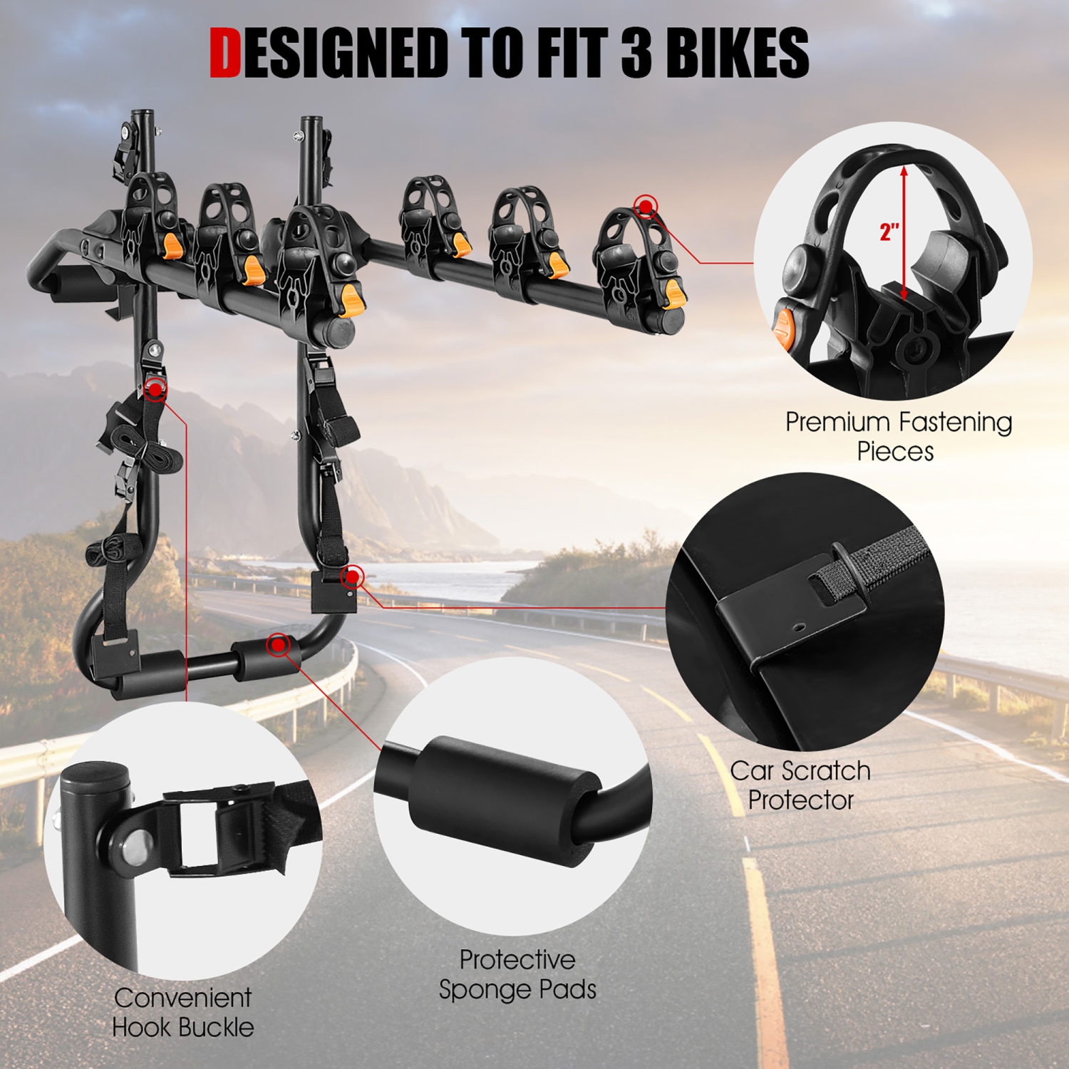 Costway 3-Bike Trunk Mounted Bike Rack Bike Carrier Rack for Sedan Hatchback Minivan