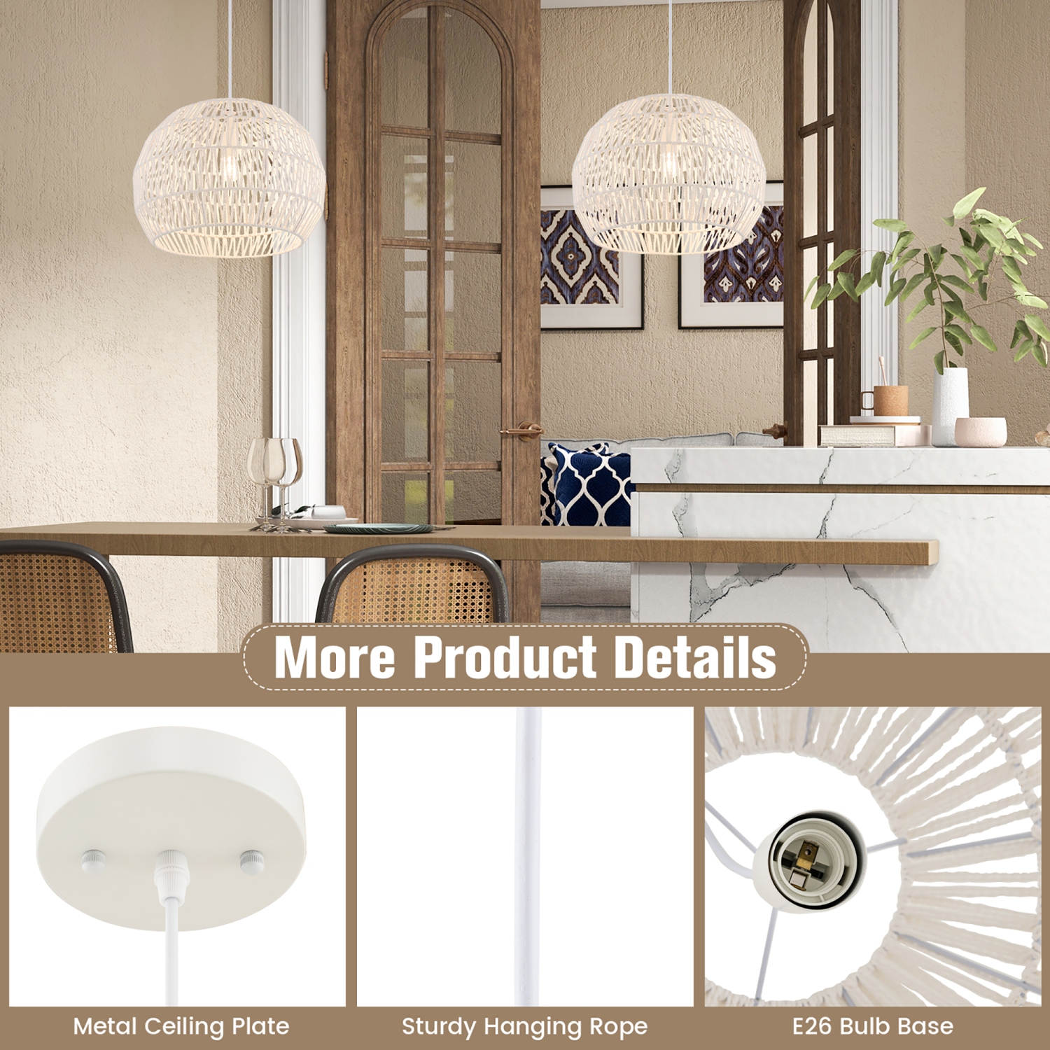 Costway 17.5" Round Paper Pendant Ceiling Light Fixture with Adjustable Hanging Rope