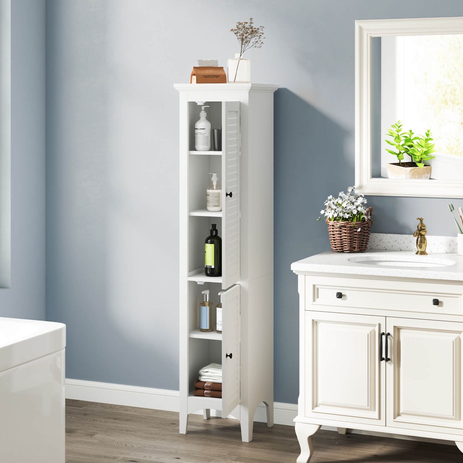 Costway Tall Bathroom Floor Cabinet Narrow Linen Tower with 2 Doors & Adjustable Shelf