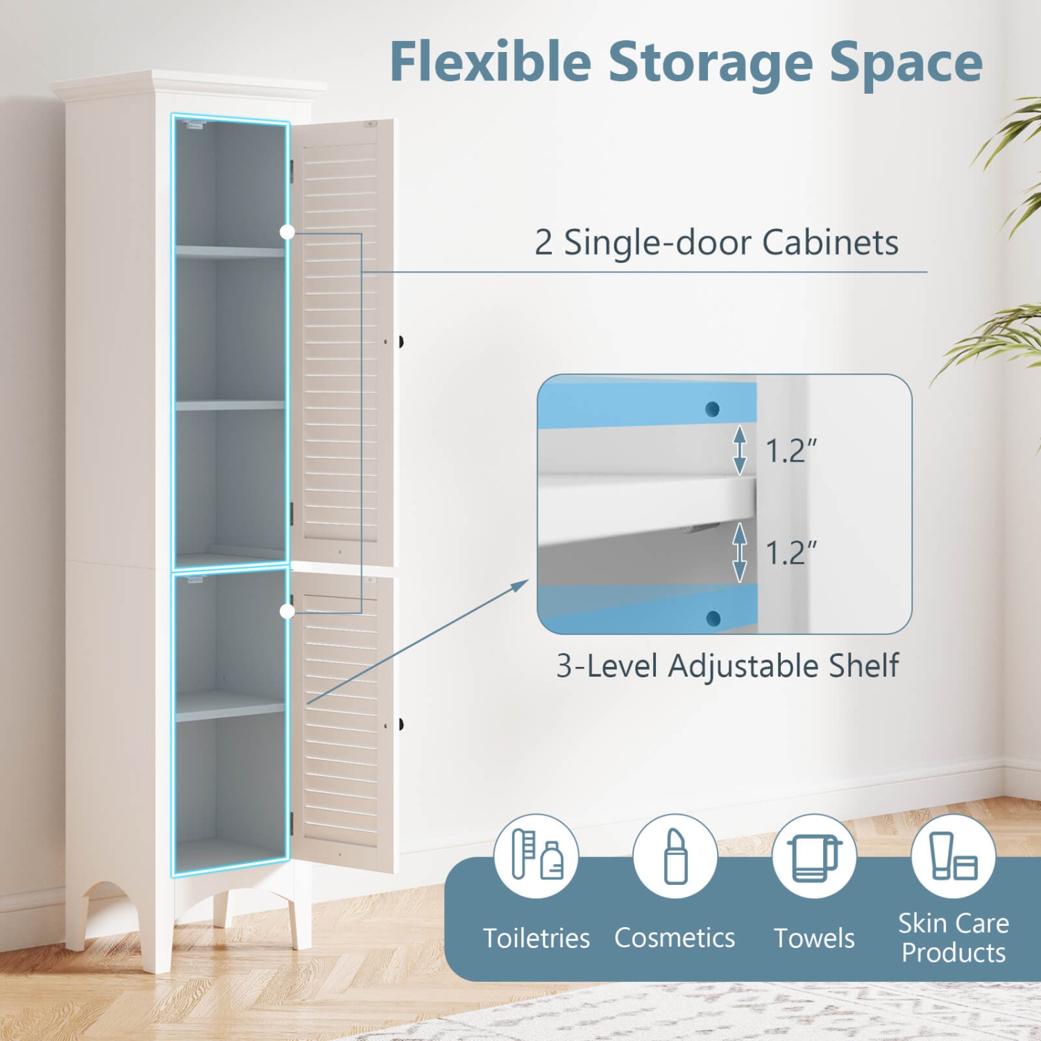 Costway Tall Bathroom Floor Cabinet Narrow Linen Tower with 2 Doors & Adjustable Shelf