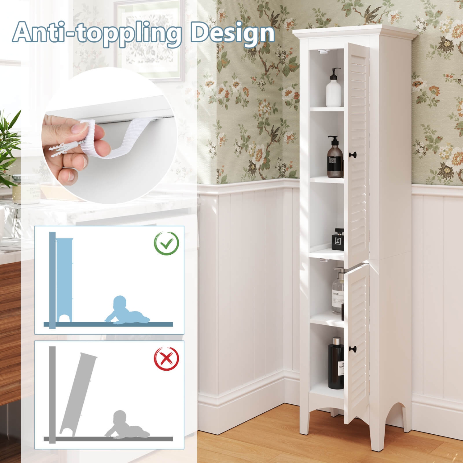 Costway Tall Bathroom Floor Cabinet Narrow Linen Tower with 2 Doors & Adjustable Shelf