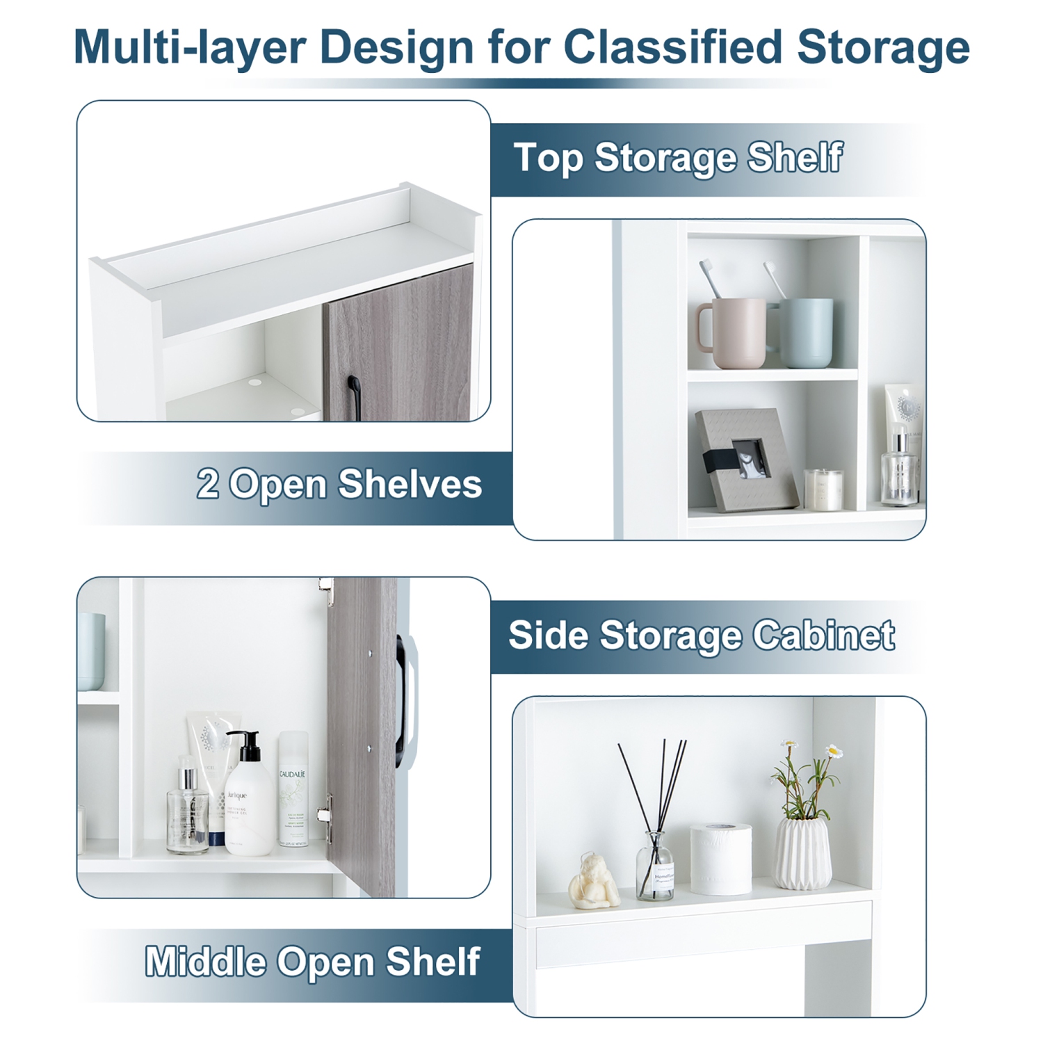 Costway Over The Toilet Storage Cabinet Bathroom Space Saver w/ Open Shelves & Door