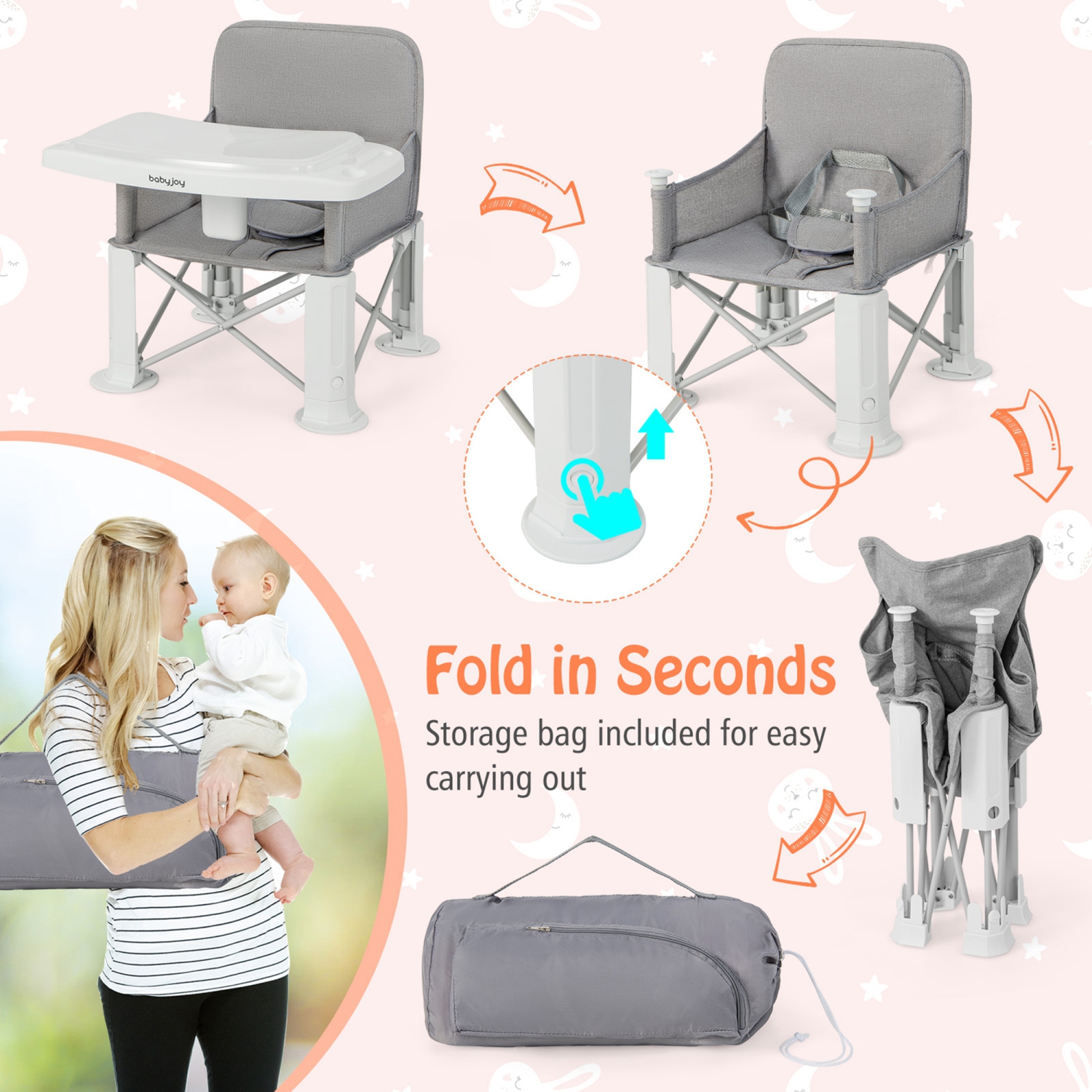 Siège rehausseur de voyage de Babyjoy avec chaise de salle à manger pliable portative à deux plateaux pour jeune enfant