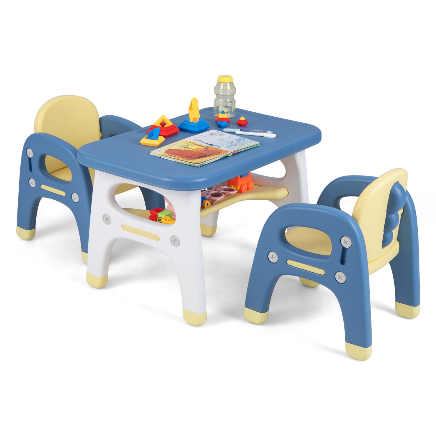 Ensemble table et 2 chaises de Costway pour enfants, bureau d'activité avec étagère de rangement et blocs de construction
