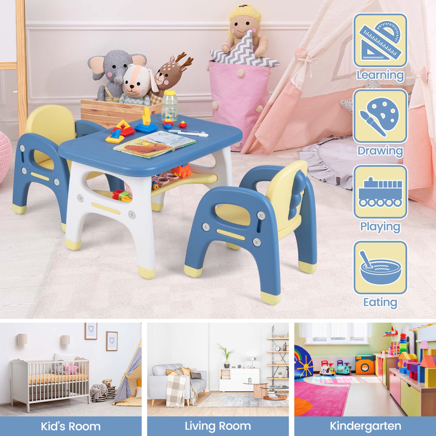 Ensemble table et 2 chaises de Costway pour enfants, bureau d'activité avec étagère de rangement et blocs de construction