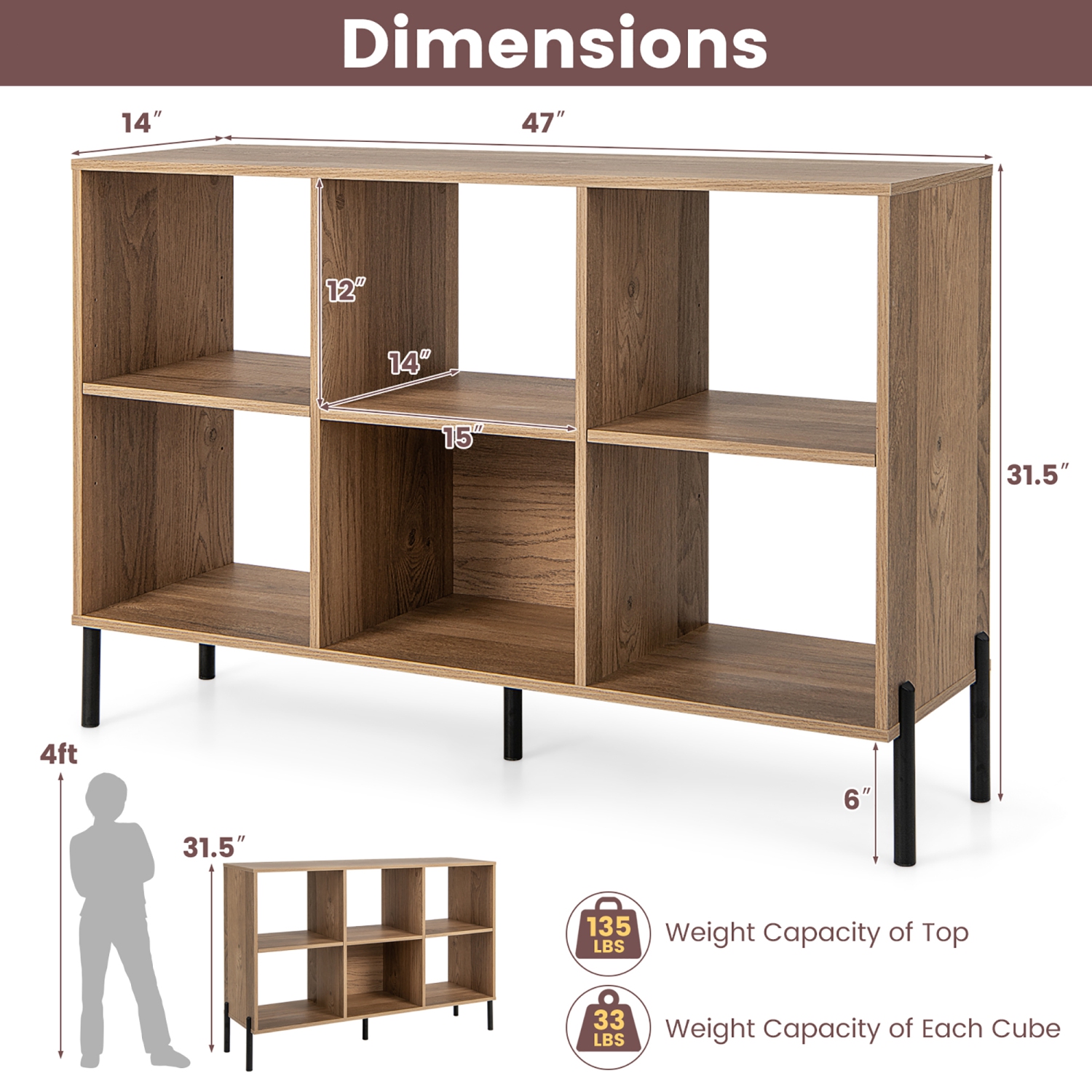 Meuble de rangement à 6 cubes avec bibliothèque carrée de Costway pour chambre à coucher - naturel