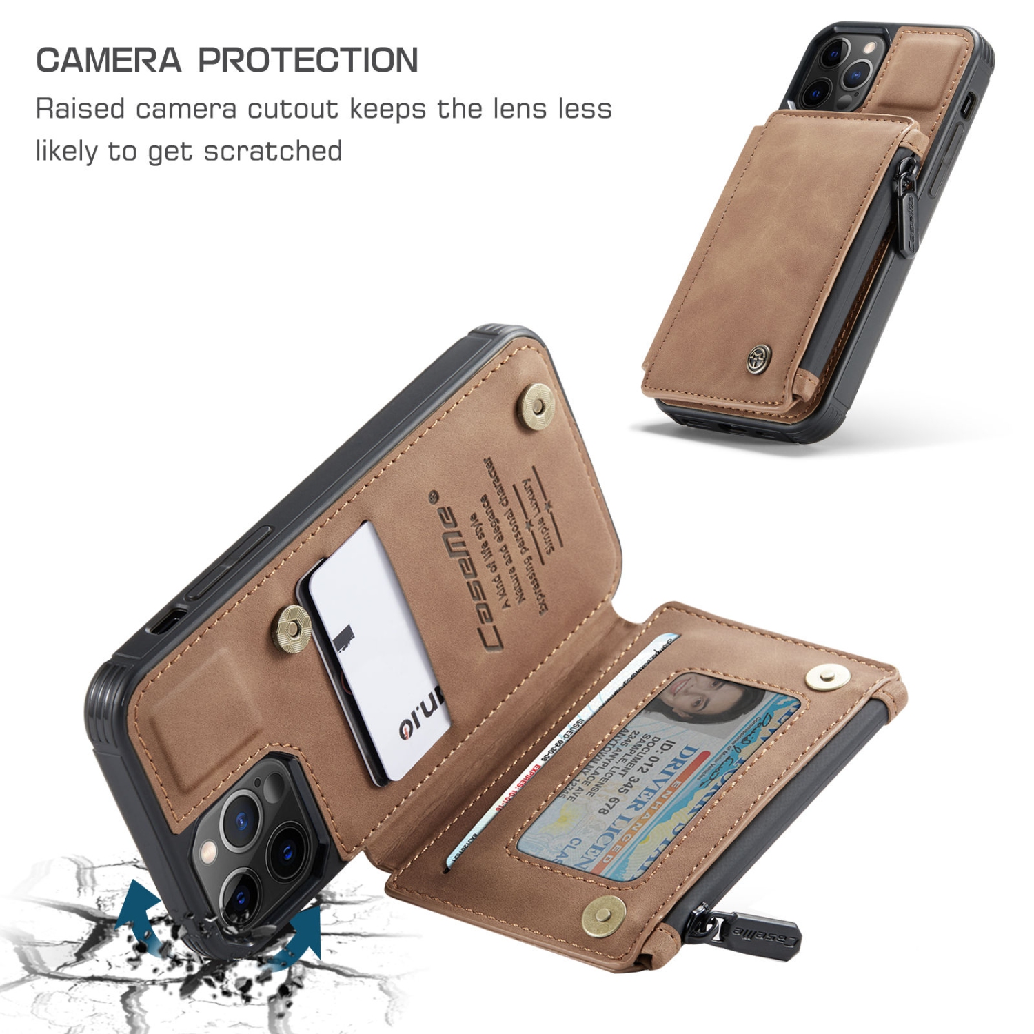 CaseMe Retro Luxury Zipper Wallet Case Cover for iPhone 13 with Card Slots Waterproof PVC - Free Shipping