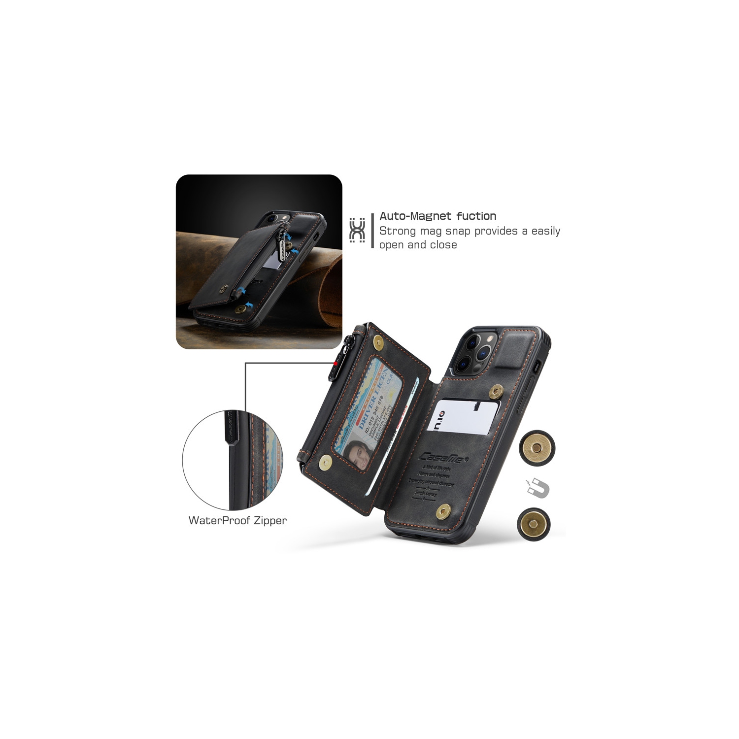 CaseMe Retro Luxury Zipper Wallet Case Cover for iPhone 13 with Card Slots Waterproof PVC - Free Shipping