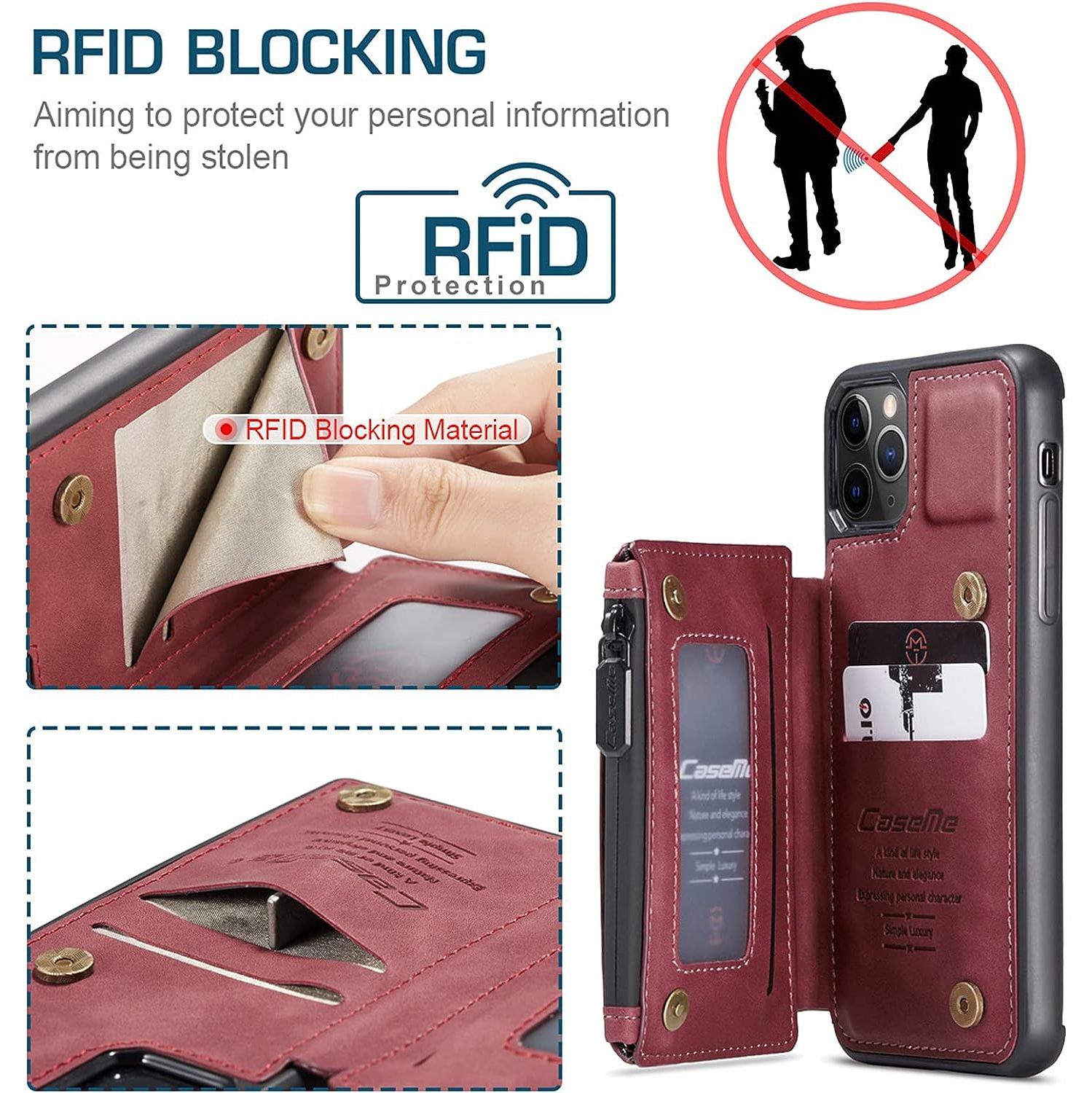 CaseMe Retro Luxury Zipper Wallet Case Cover for iPhone 13 with Card Slots Waterproof PVC - Free Shipping