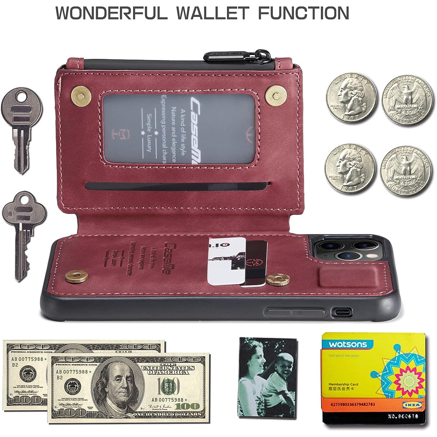 CaseMe Retro Luxury Zipper Wallet Case Cover for iPhone 13 with Card Slots Waterproof PVC - Free Shipping