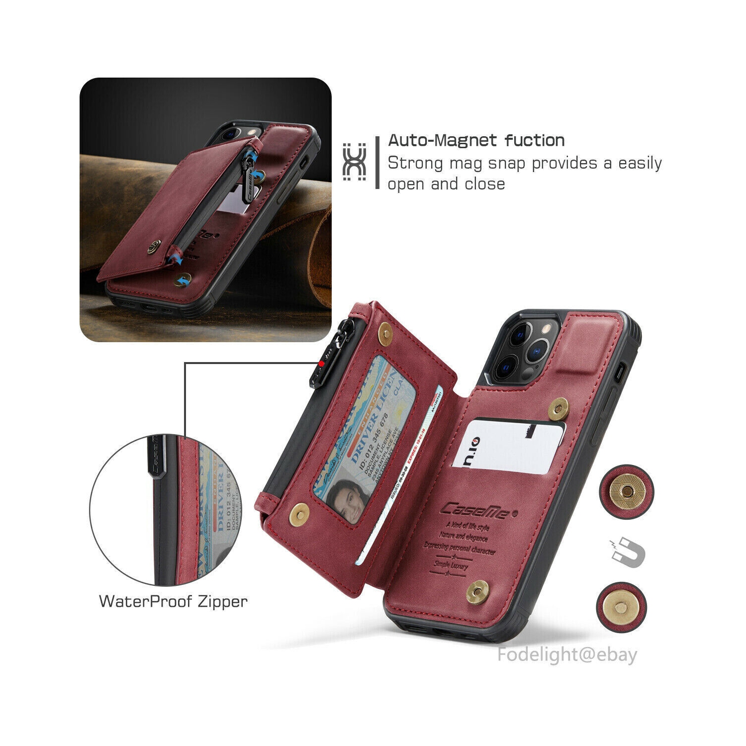 CaseMe – Étui portefeuille à fermeture à glissière de luxe rétro pour iPhone 13 PRO avec fentes pour cartes en PVC étanche – expédition gratuite