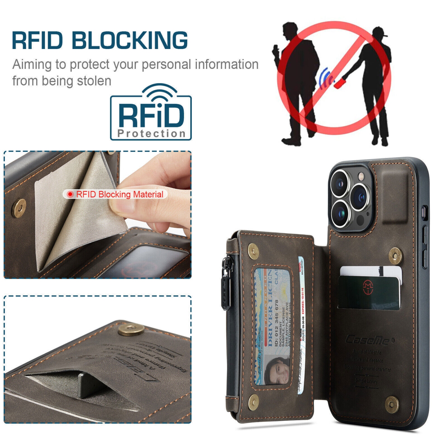 CaseMe – Étui portefeuille à fermeture à glissière de luxe rétro pour iPhone 13 PRO avec fentes pour cartes en PVC étanche – expédition gratuite