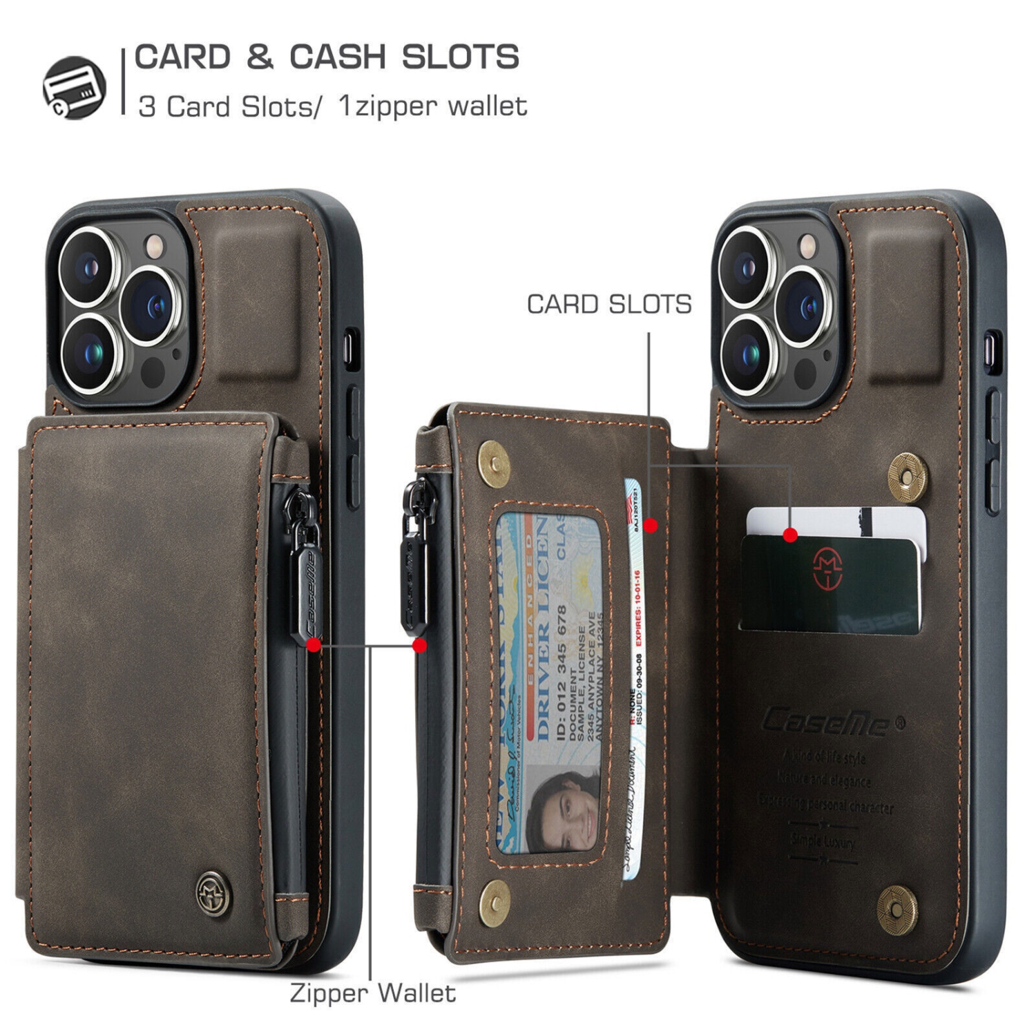 CaseMe – Étui portefeuille à fermeture à glissière de luxe rétro pour iPhone 13 PRO avec fentes pour cartes en PVC étanche – expédition gratuite