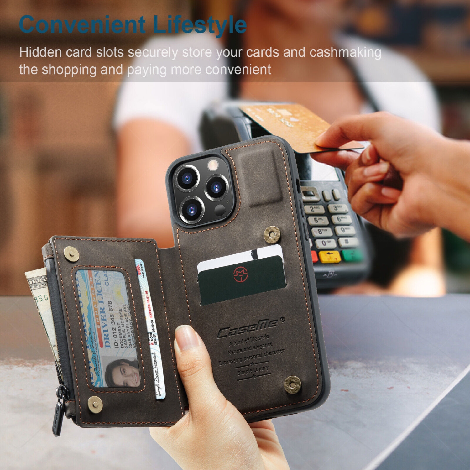 CaseMe – Étui portefeuille à fermeture à glissière de luxe rétro pour iPhone 13 PRO avec fentes pour cartes en PVC étanche – expédition gratuite