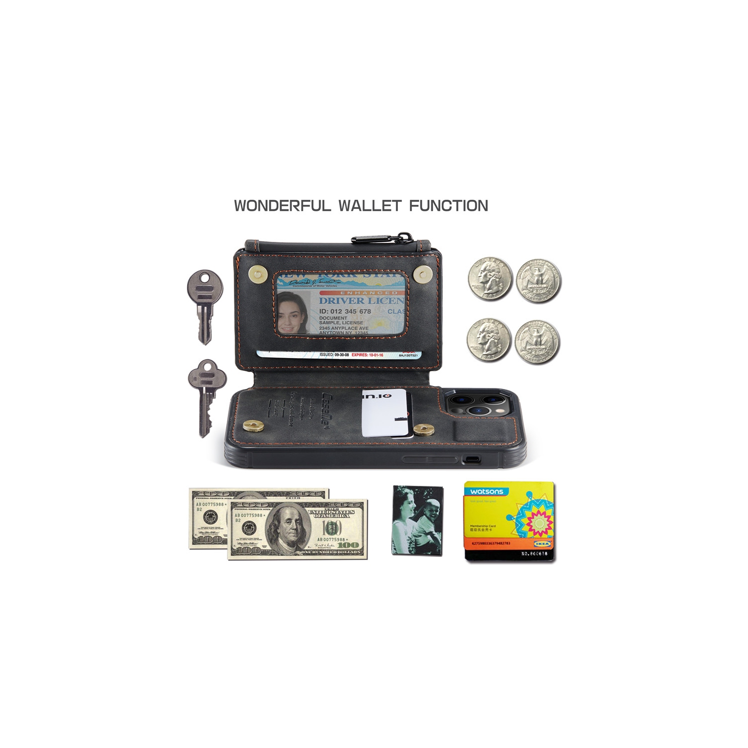 CaseMe – Étui portefeuille à fermeture à glissière de luxe rétro pour iPhone 13 PRO avec fentes pour cartes en PVC étanche – expédition gratuite