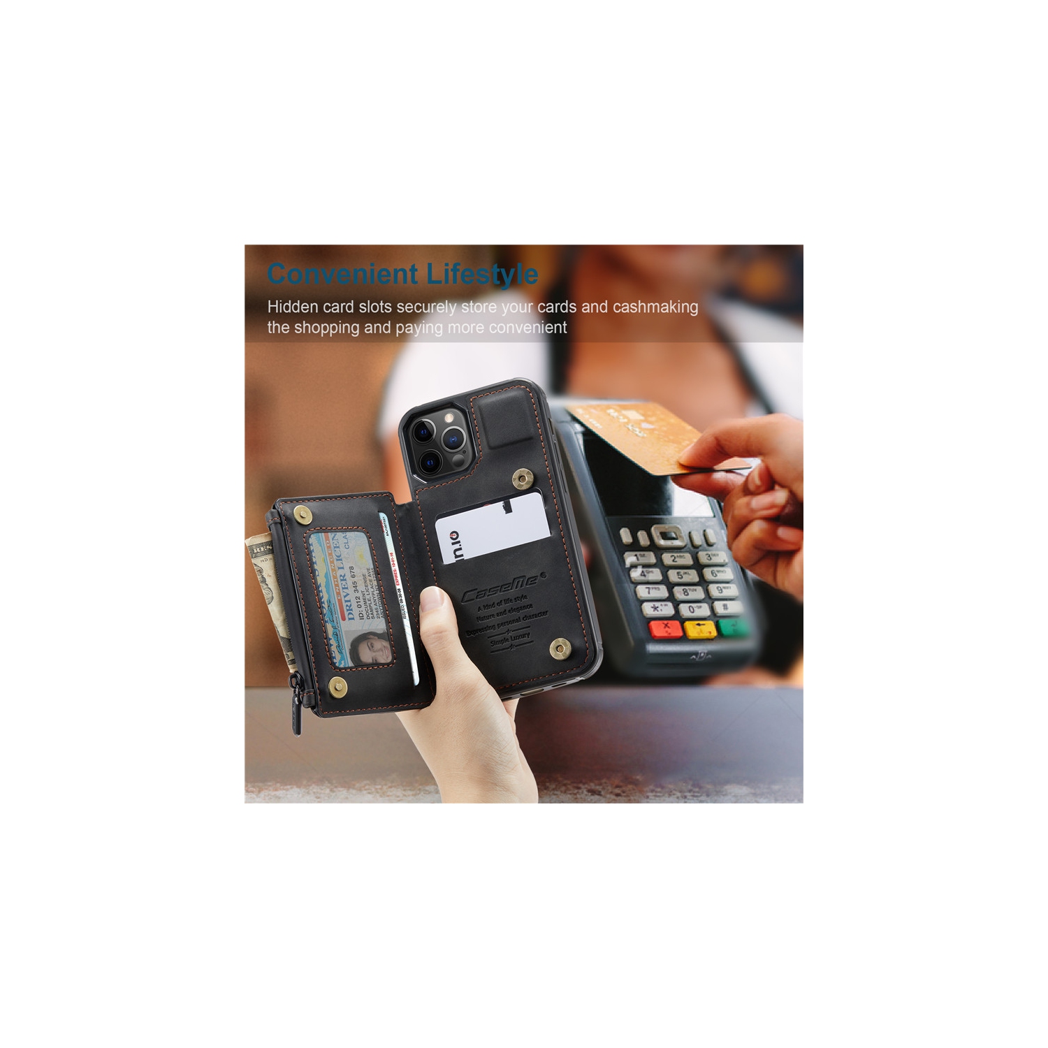 CaseMe – Étui portefeuille à fermeture à glissière de luxe rétro pour iPhone 13 PRO avec fentes pour cartes en PVC étanche – expédition gratuite
