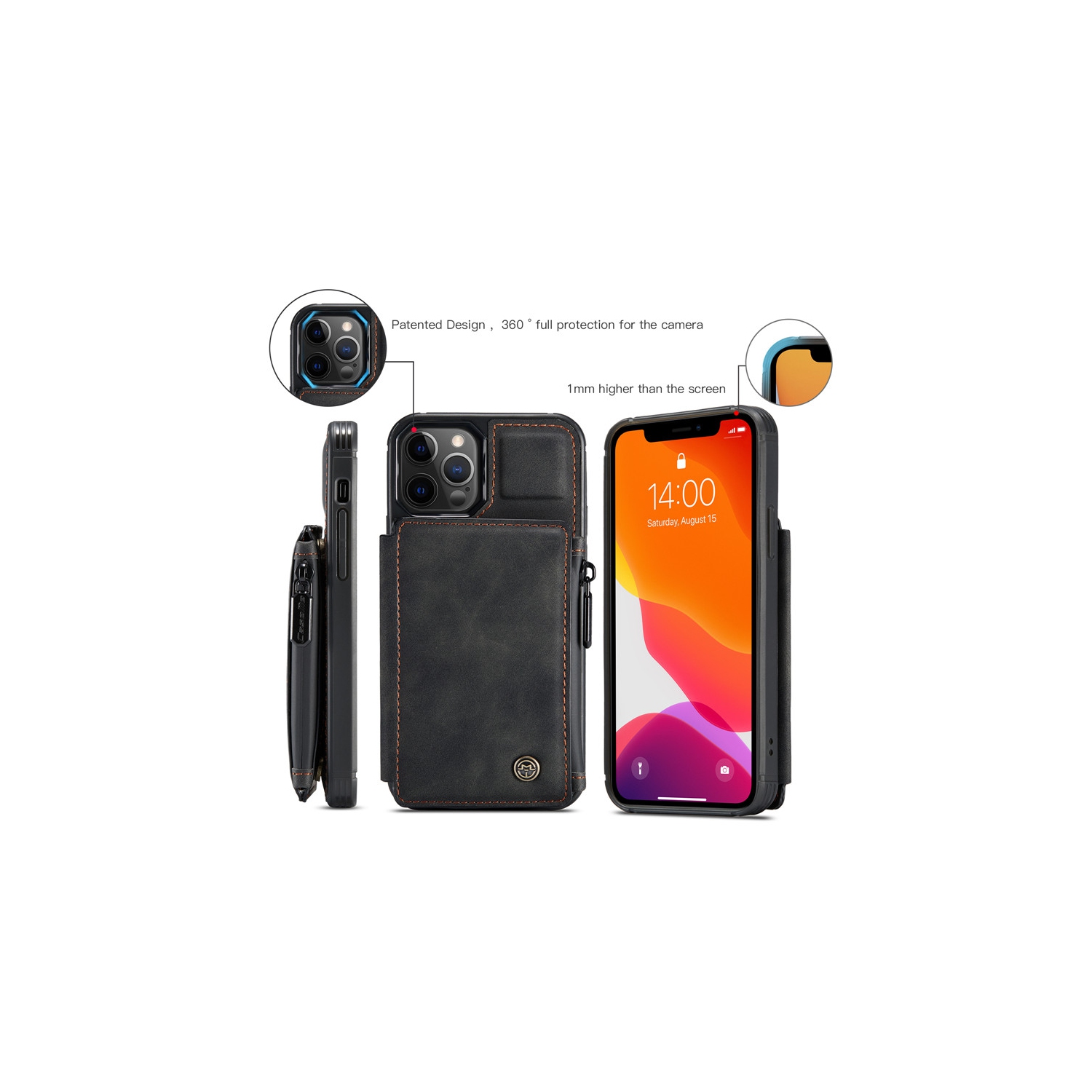 CaseMe – Étui portefeuille à fermeture à glissière de luxe rétro pour iPhone 13 PRO avec fentes pour cartes en PVC étanche – expédition gratuite