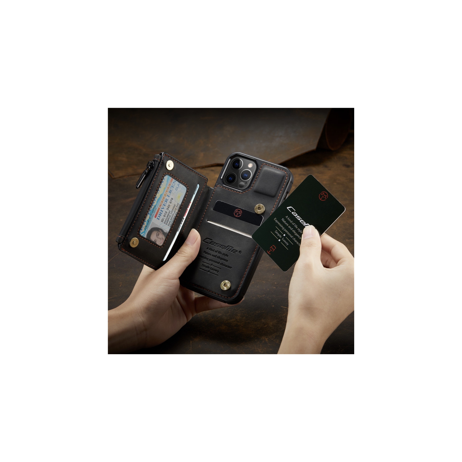 CaseMe – Étui portefeuille à fermeture à glissière de luxe rétro pour iPhone 13 PRO avec fentes pour cartes en PVC étanche – expédition gratuite