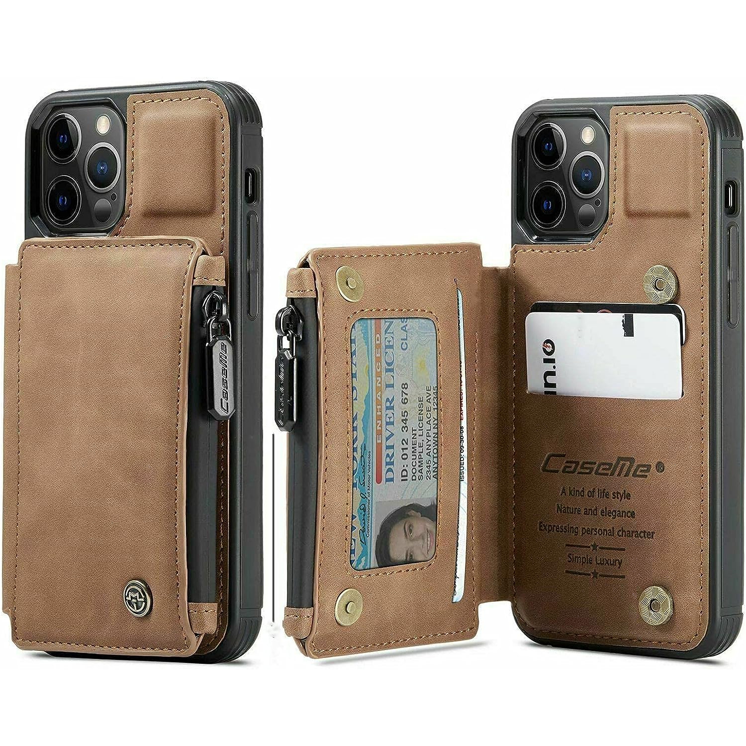 CaseMe – Étui portefeuille à fermeture à glissière de luxe rétro pour iPhone 13 PRO avec fentes pour cartes en PVC étanche – expédition gratuite